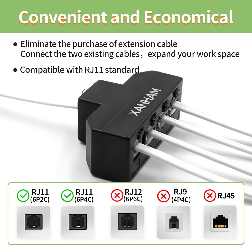 RJ11 Cable 4 Way Splitter 6P4C Phone Line Adapter with 3-inch Cord for Landline Telephone - Black (AV01403) | Perfect for Home/Office Phone Systems & VoIP Connections