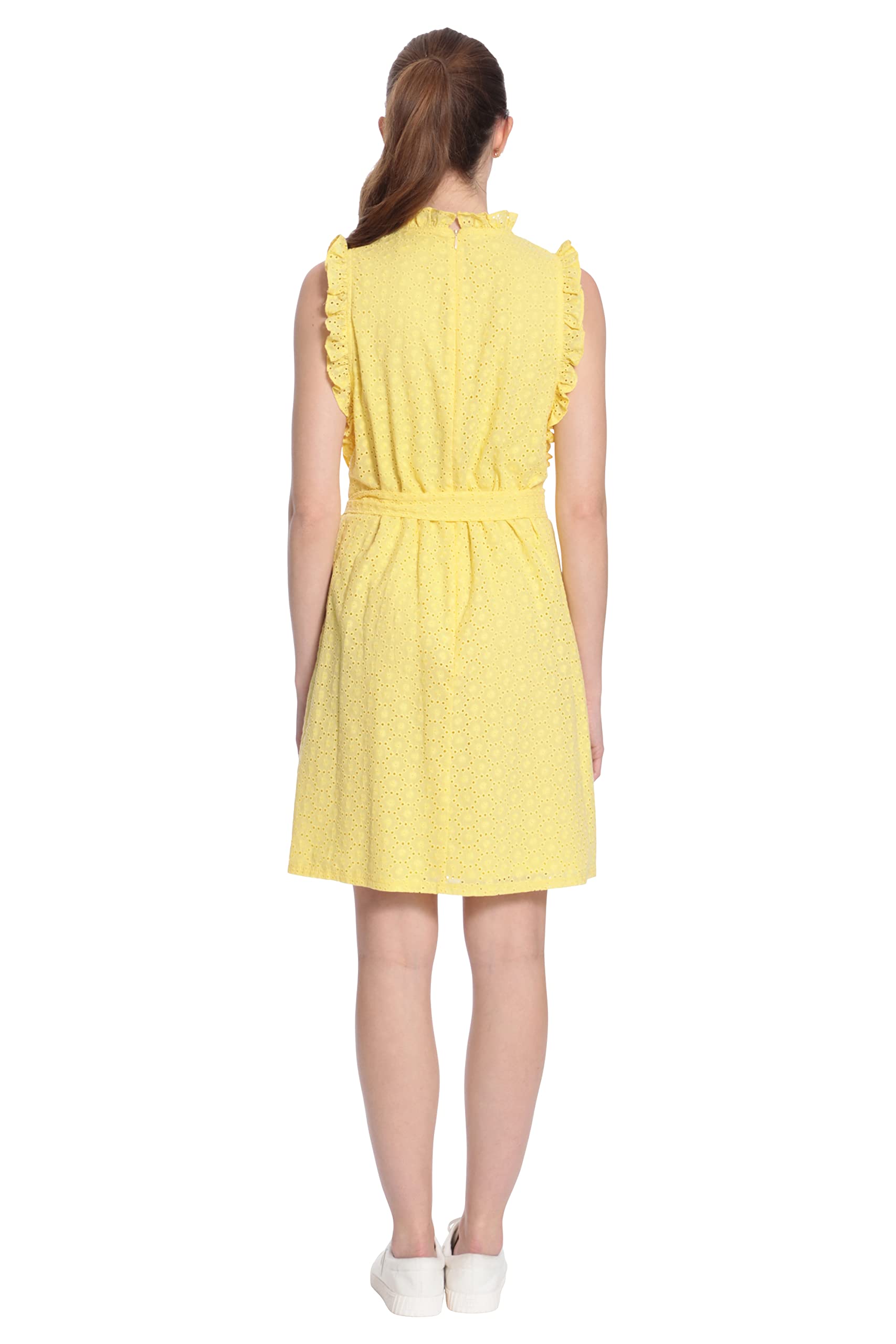 Maggy London Women's Ruffle Neck & Armhole Dress with Waist Tie - Elegant Flowy Midi Dress for Cocktail Parties, Weddings & Special Occasions