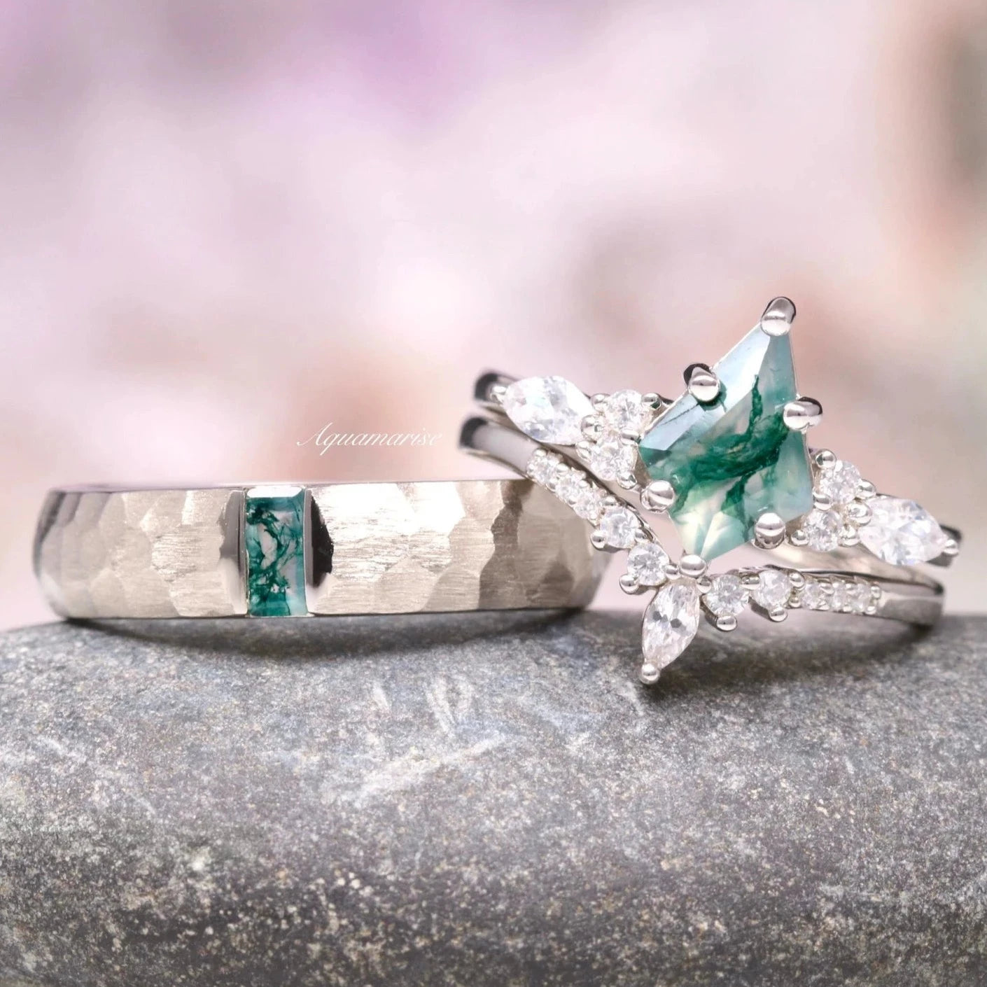 Skye Kite™ Moss Agate Couples Ring Set - Matching His & Hers Wedding Bands, Natural Stone Promise Rings for Couples - Perfect for Anniversaries, Engagements, and Romantic Gifts