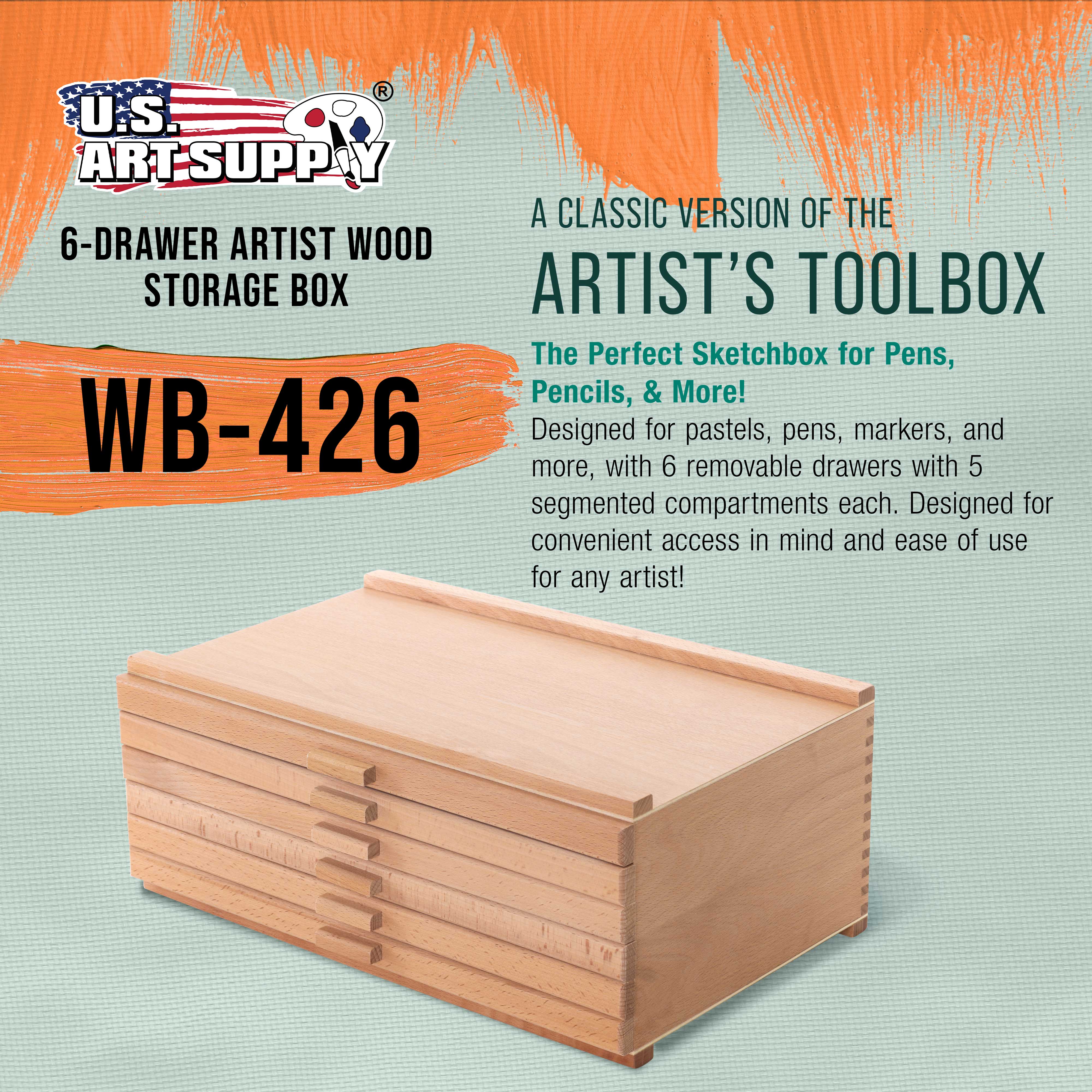 6-Drawer Artist Wood Storage Box for Pastels, Pens, Markers & Art Supplies - Elm Hardwood Construction with 5 Compartments per Drawer - Perfect for Drawing, Sketching & Blending Tools Organization