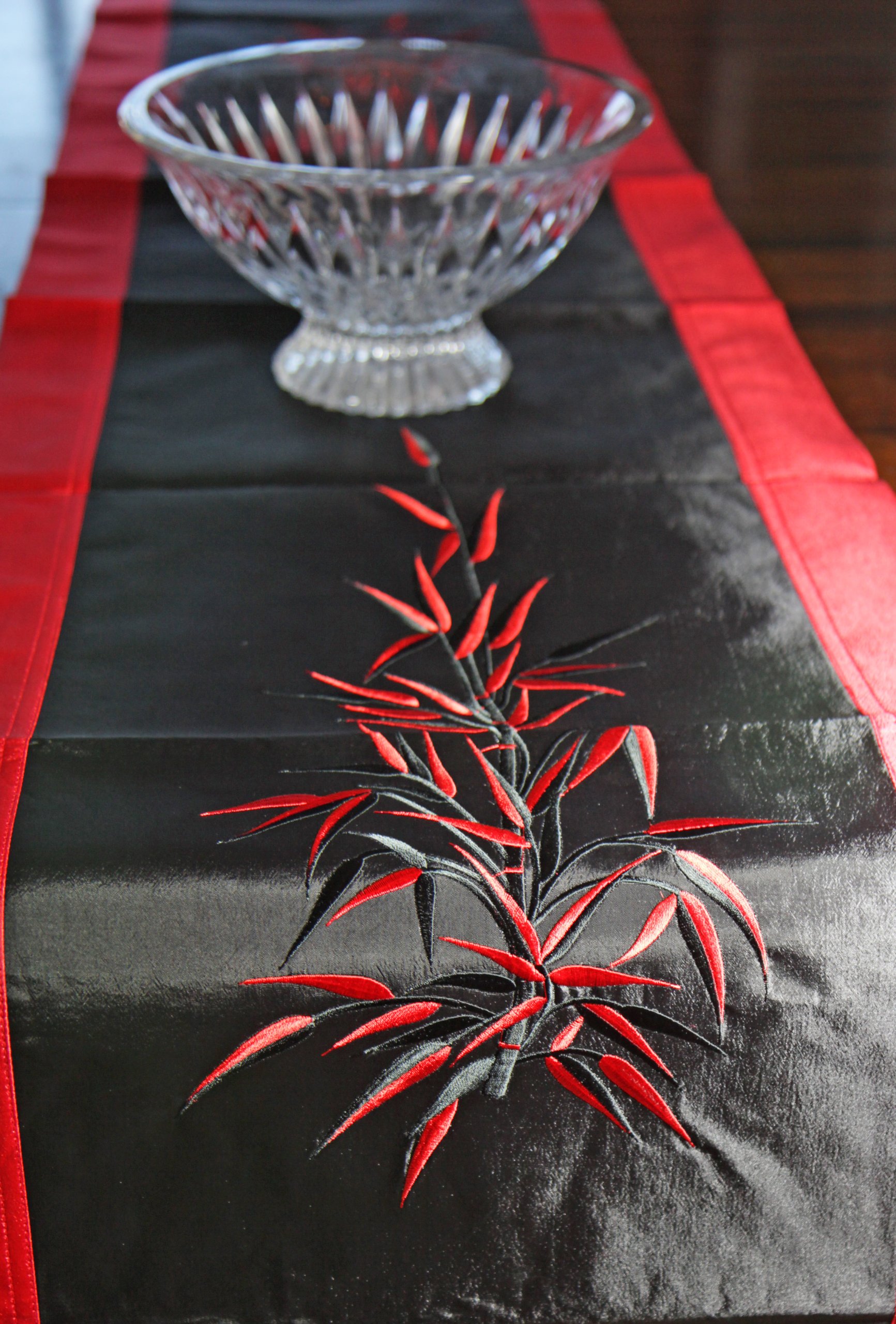Handmade Silk Embroidered Table Runner - Elegant Black Bamboo Design - Vietnamese Craftsmanship - Perfect for Dining Table Decor, Wedding Centerpiece & Home Decor