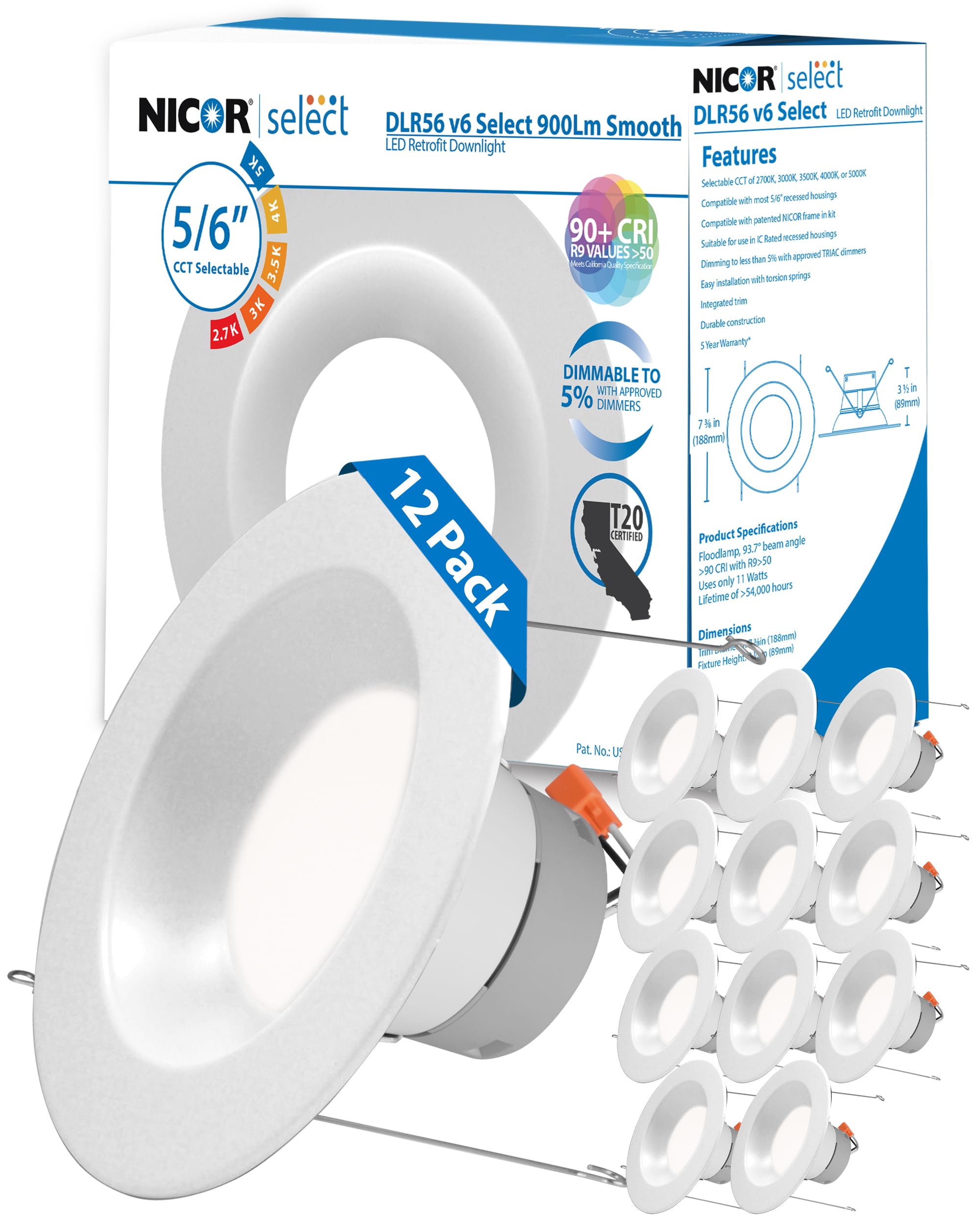 NICOR Lighting 5/6 Inch LED Recessed Ceiling Lights - Dimmable Downlight Fixtures with Selectable CCT (2700K-5000K), 918 Lumens, 10.3W - DLR56 Retrofit LED Ceiling Light, White (12-Pack) - Perfect for Living Rooms, Kitchens, and Hallways