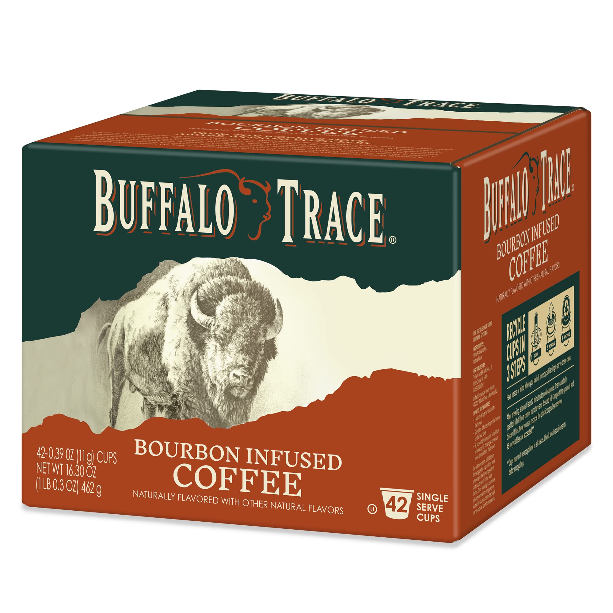 Buffalo Trace Bourbon Infused Coffee Pods - 42 Single Serve Cups | Natural Bourbon Flavored Coffee | Perfect for Office, Home Brewing & Gift Giving