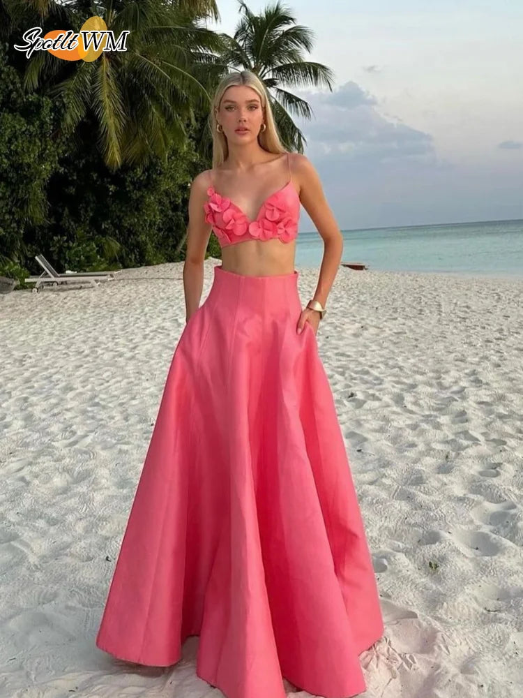2025 Women's Chic 3D Pink Flower Applique Cropped Top & High Waist Long Skirt 2-Piece Set | Sexy Vacation Beach Outfit | Summer Party, Date Night, Tropical Getaway