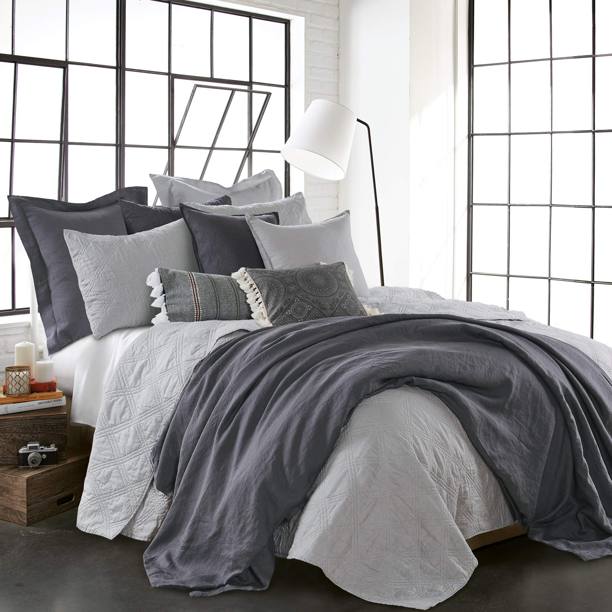 Levtex Home 100% Linen Front & Cotton Back King Size Quilt Set - Light Grey Washed Linen Bedding - 106