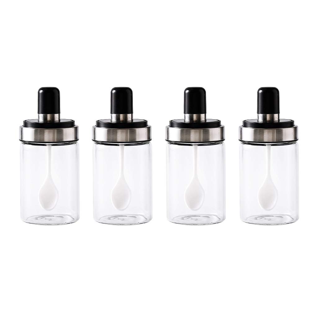 Premium Clear Glass Spice Jars with Lids & Spoons - 250ml (8.5oz) Airtight Seasoning Containers for Salt, Sugar, Pepper & Spices - Set of 4 - Ideal for Kitchen Organization, Pantry Storage & Cooking Essentials