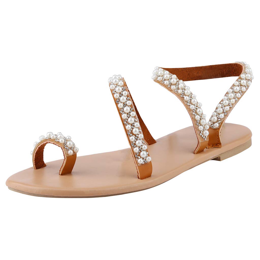 Women's Crystal Pearl Flat Sandals - Fashionable & Comfortable Outdoor Casual Shoes for Women (Size 10) - Perfect for Beach, Vacation, and Summer Walking