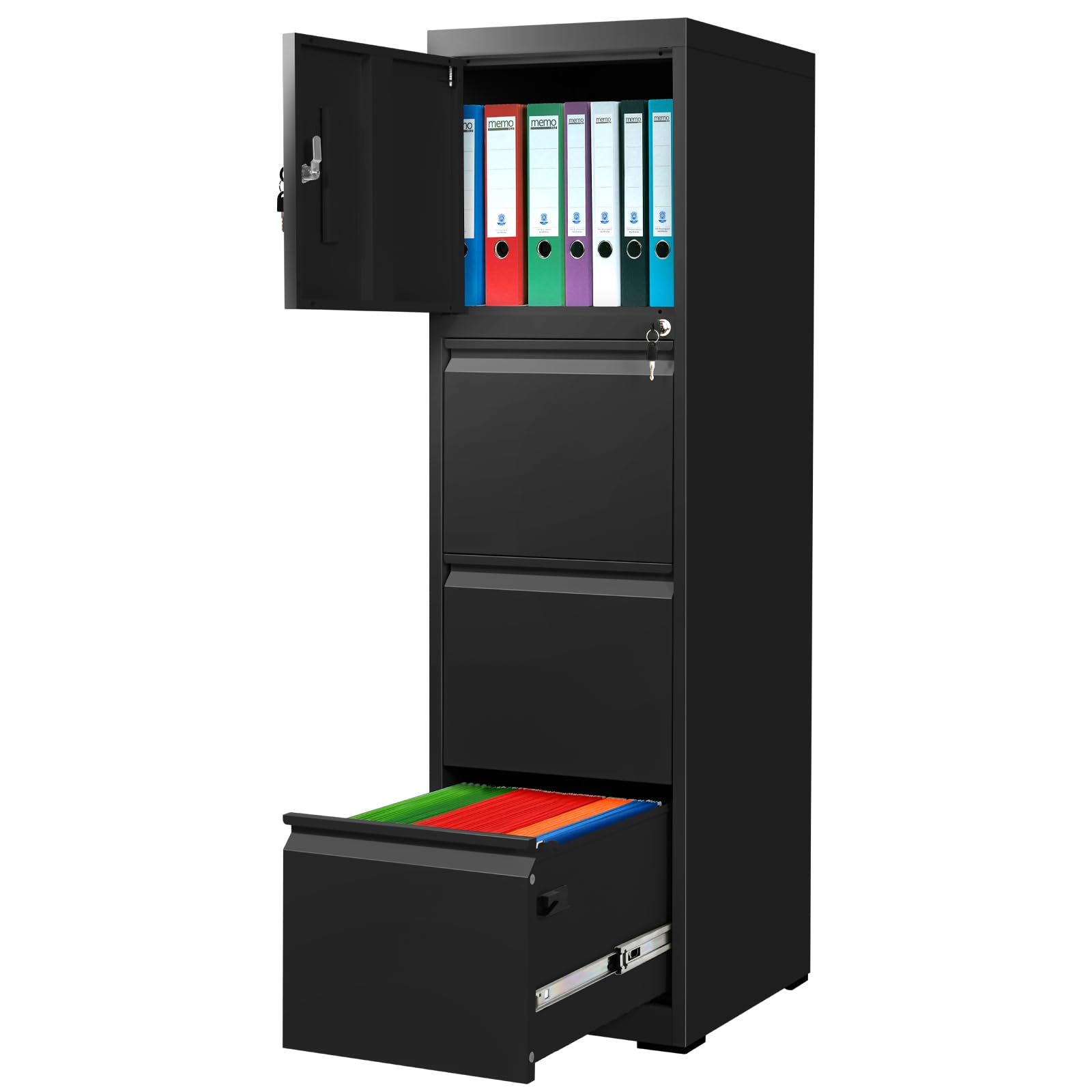 3-Drawer Metal File Cabinet with Locking Door - Secure Vertical Storage for Letter, Legal & A4 Folders - Anti-Tip Design for Home Office Organization - Easy Assembly Black Filing Cabinet for Documents & Records