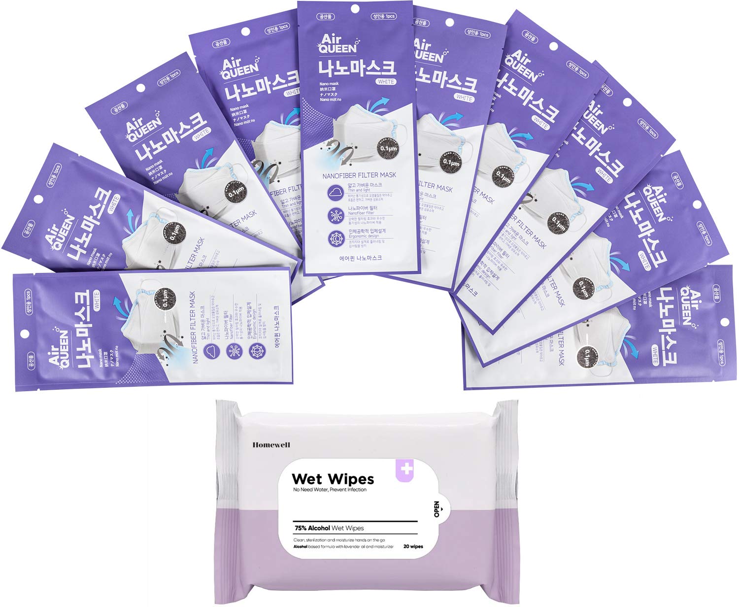 Air Queen Nano Filter Face Mask - Individually Packed 100-Pack with Homewell Wipes | Premium Protection for Daily Use, Travel & Public Safety