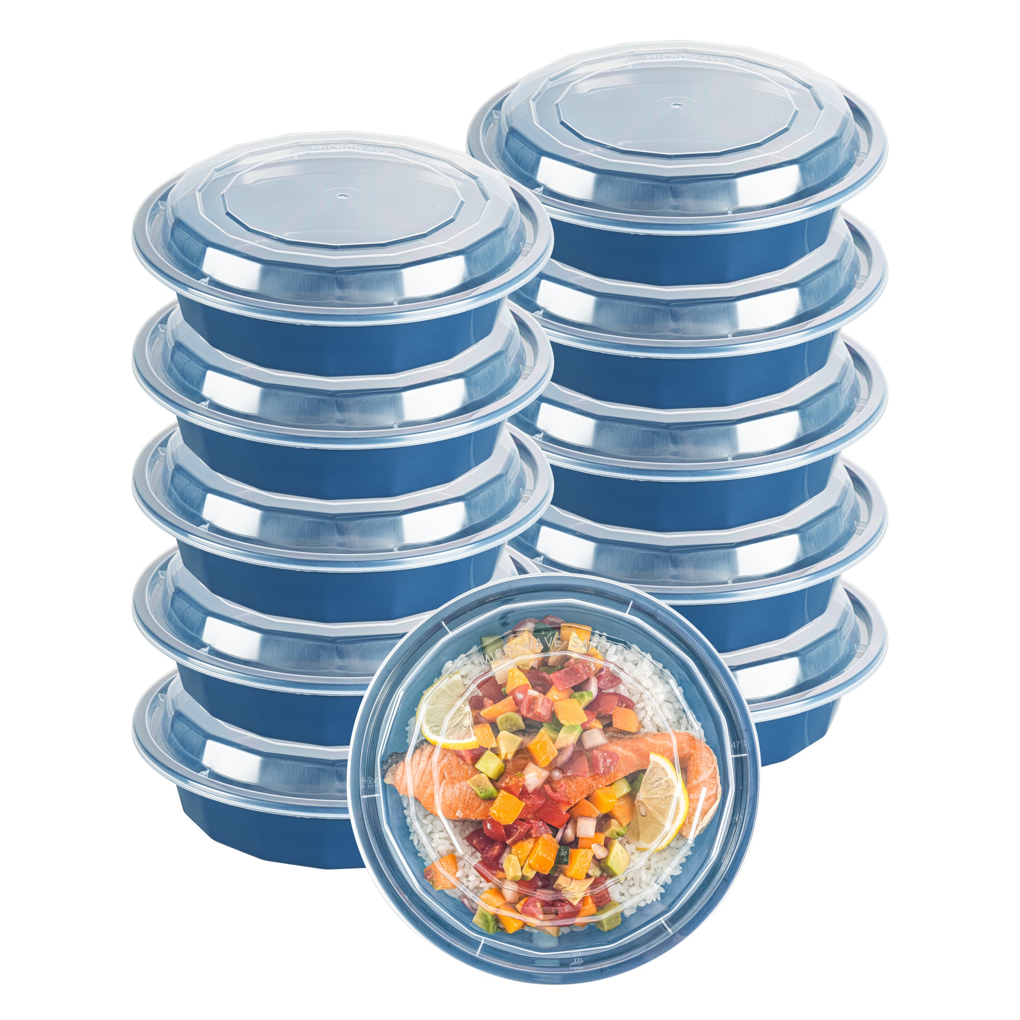 24 oz Round Midnight Blue Plastic Food Storage Containers with Clear Lids - Microwave Safe, 7.25