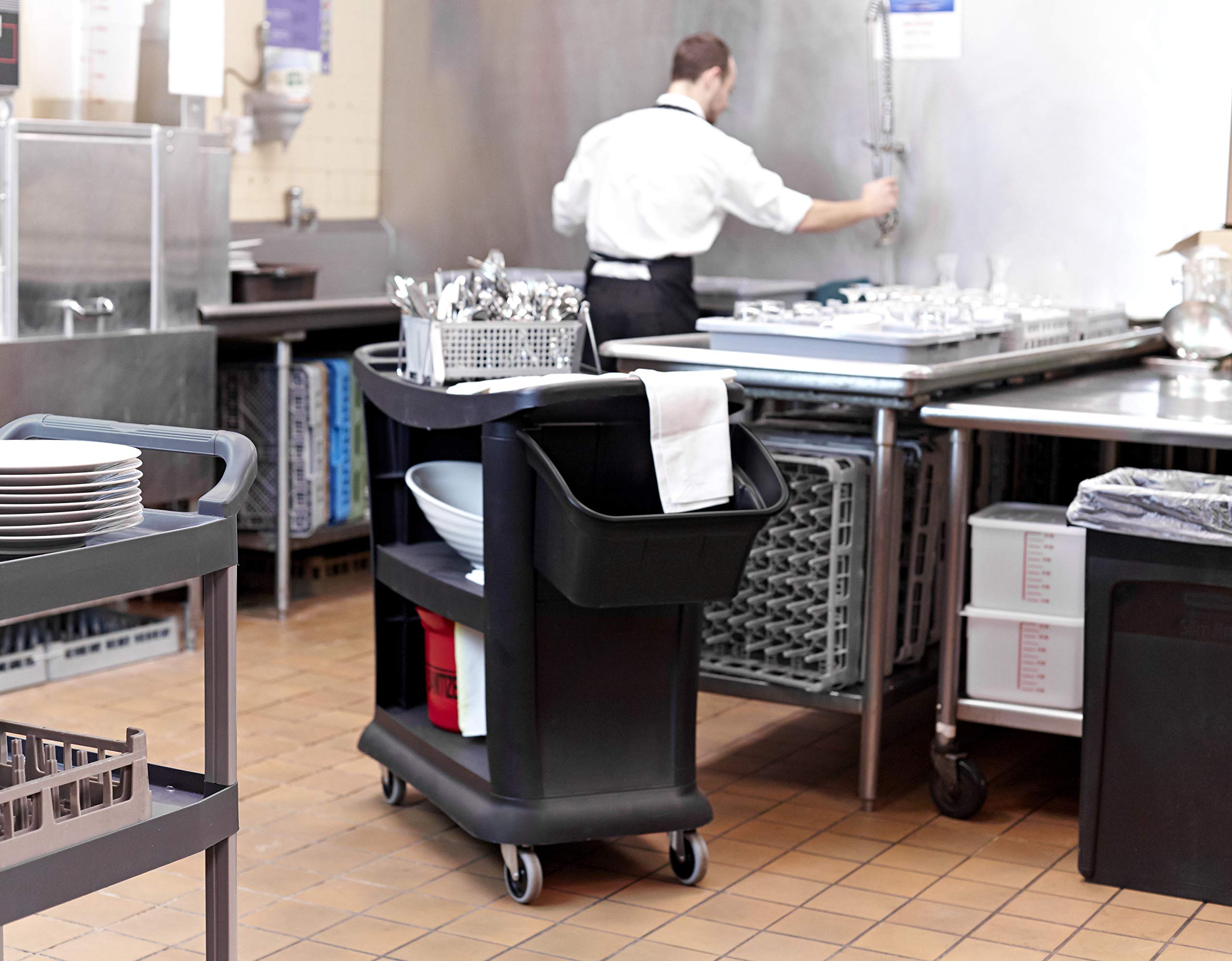 Rubbermaid Commercial Utility Cart with 3 Shelves & Wheels - Heavy Duty Black Service Cart for Food Service, Restaurant, Cleaning, Warehouse & Garage Storage - Ideal for Mobile Organization in Commercial Kitchens, Janitorial Work & Home Garages
