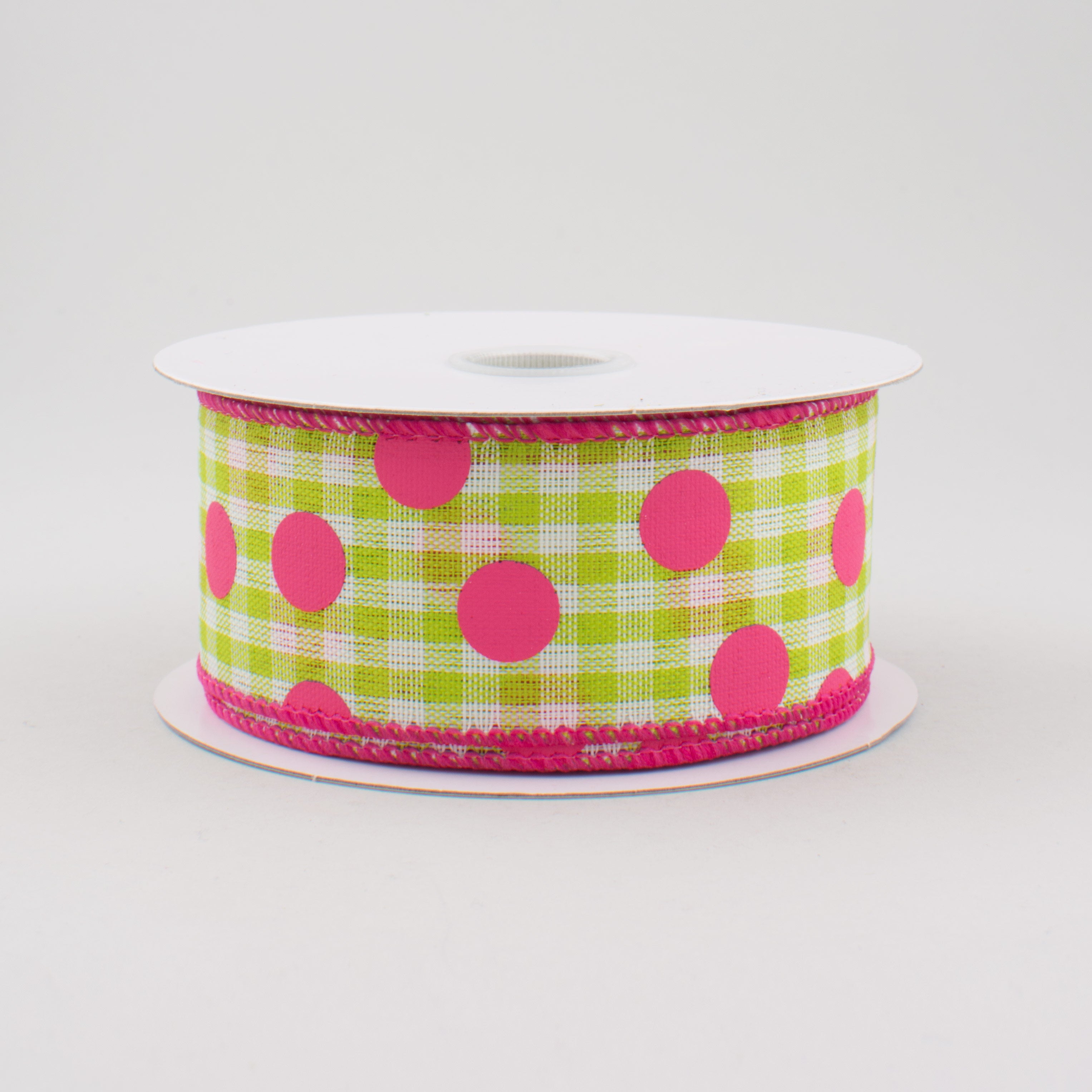 1.5 Inch Lime Green Gingham with Pink Polka Dots Ribbon - 10 Yards Bulk Roll for Gift Wrapping, Crafts, Scrapbooking & DIY Projects