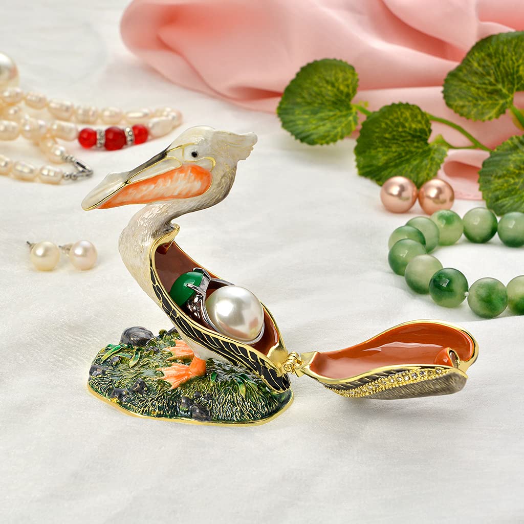 Golden Crystal Enameled Pelican Jewelry Box - Hand-Painted Hinged Bird Trinket Box for Necklaces & Rings | Elegant Home Décor & Unique Gift for Bird Lovers | Perfect for Dresser Display, Wedding Favors & Collectors