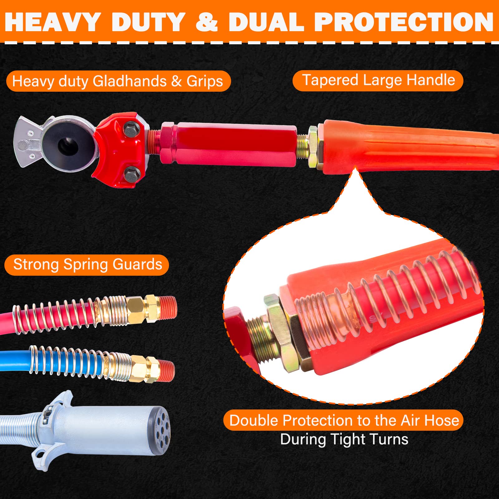 KOOTANS 15FT Semi Truck Air Brake Lines Kit - 3-in-1 Red & Blue Air Hoses with 7-Way Trailer Cord, Glad Hands & Tender Spring for Tractor Trailers | Heavy Duty Replacement for Freightliner, Peterbilt, Kenworth | Ideal for Long Haul Trucking & Fleet Maintenance