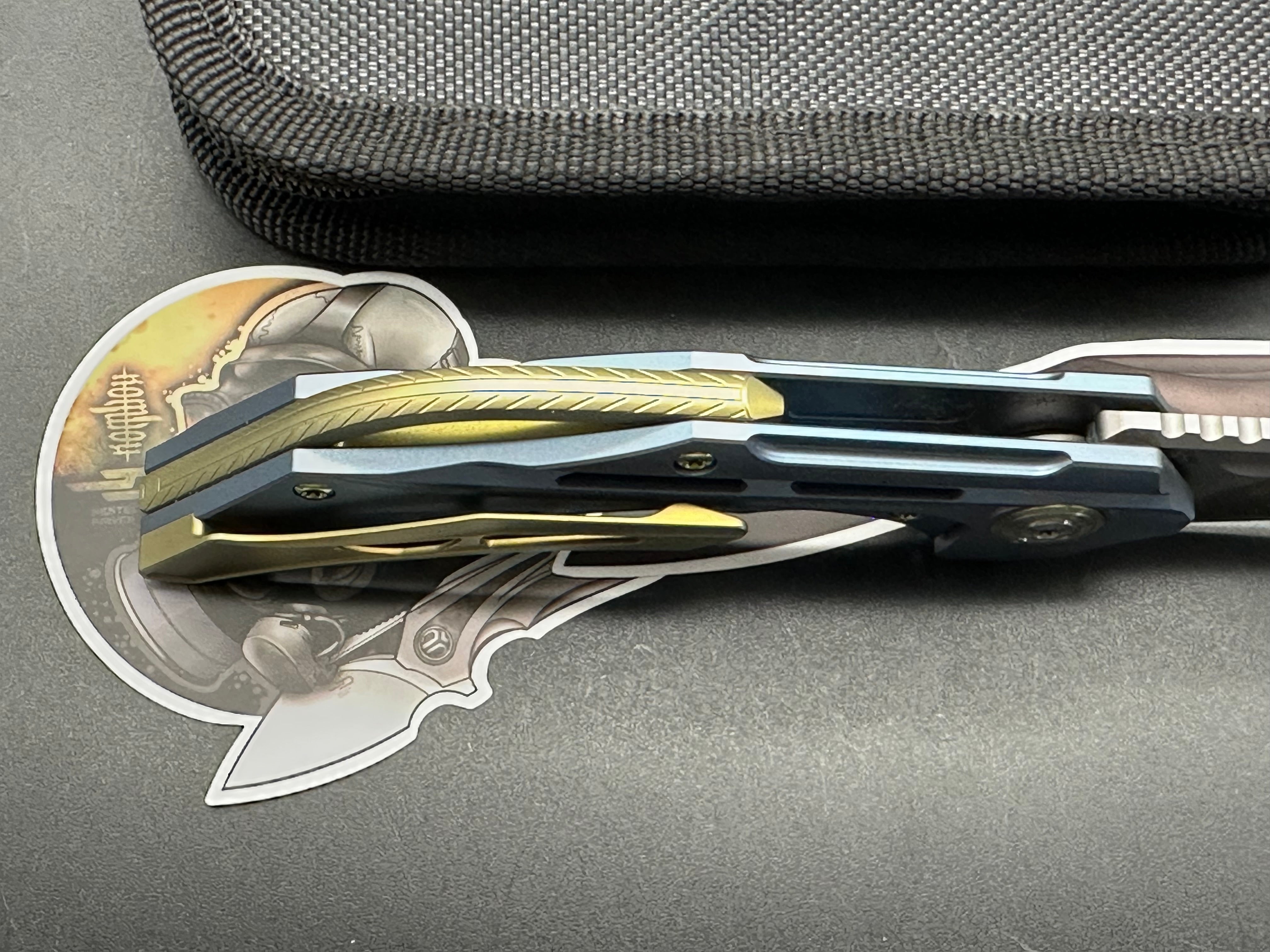 Bestech Kombou Vigil Folding Knife - Blue Titanium Handle, Gold Hardware, M390 Steel Blade, Drop Point, Satin Polish | EDC, Outdoor Survival, Camping, Hunting Gear