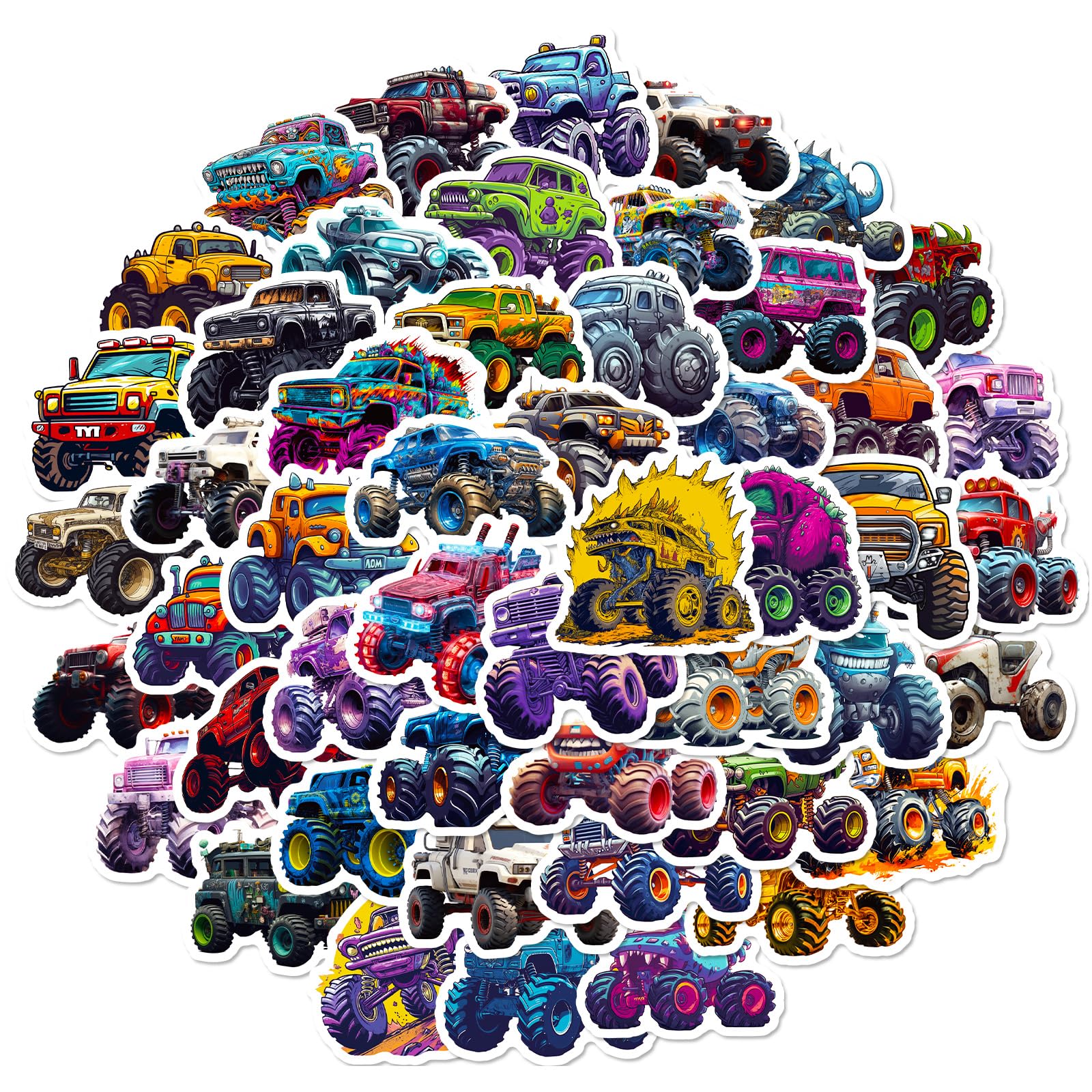 50 PCS Cool Monster Truck Vinyl Stickers - Waterproof Decals for Kids Teens Adults - Car, Laptop, Water Bottle, Luggage & Guitar Decor - Perfect for Birthday Parties, School Supplies & DIY Crafts
