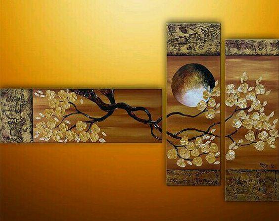 Flower and Moon Abstract Acrylic Painting - 3 Piece Wall Art Set for Bedroom Decor, Living Room & Office - Modern Canvas Art for Home & Office Interior Design