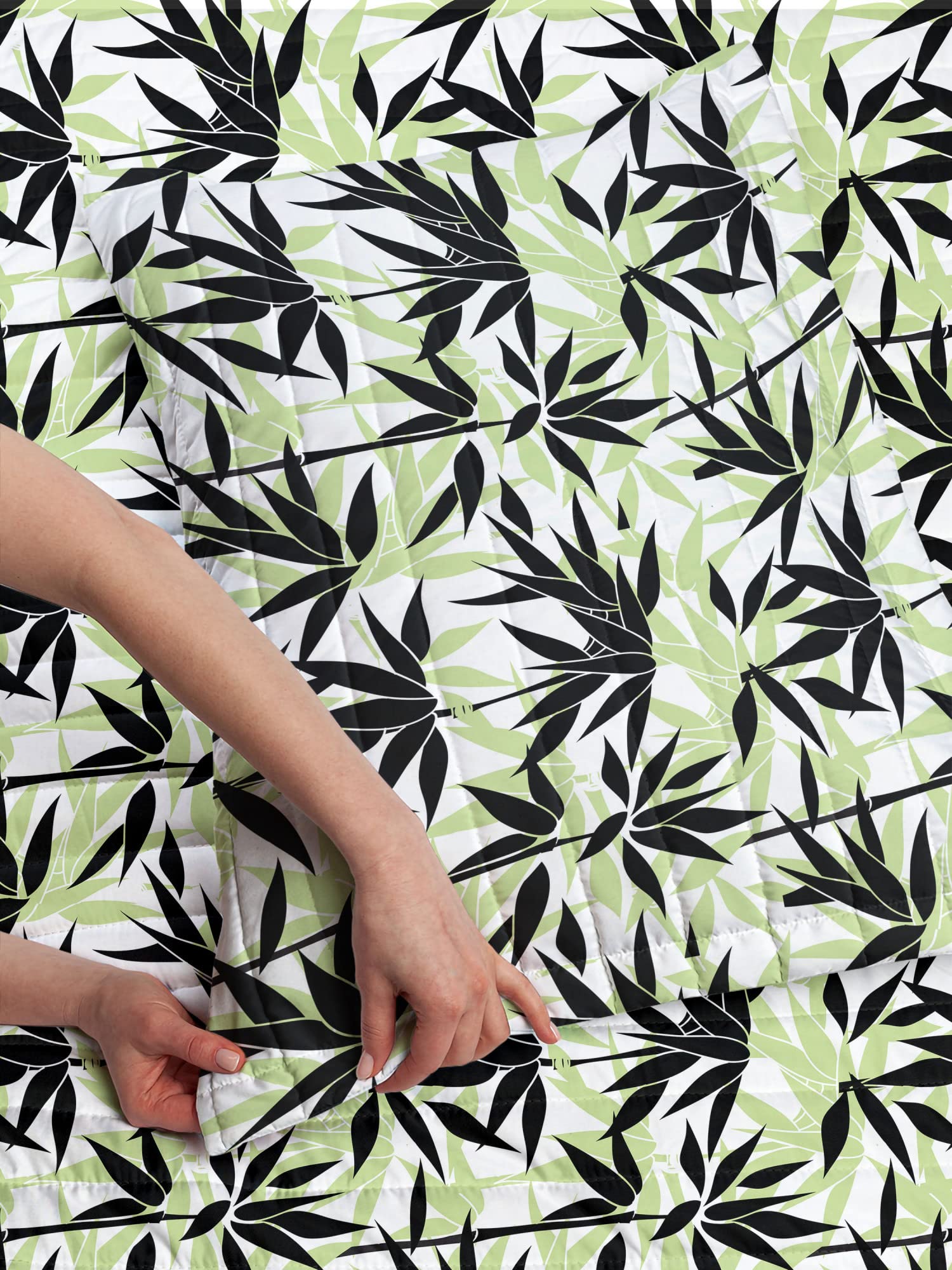 Ambesonne East Microfiber Bedspread Set - Chinese Nature Inspired Leaf Print Twin Size Bedding with Pillow Shams & Comforter in Pale Green White | Soft Microfiber for Cozy Bedroom Decor, Guest Room & Dorm Essentials