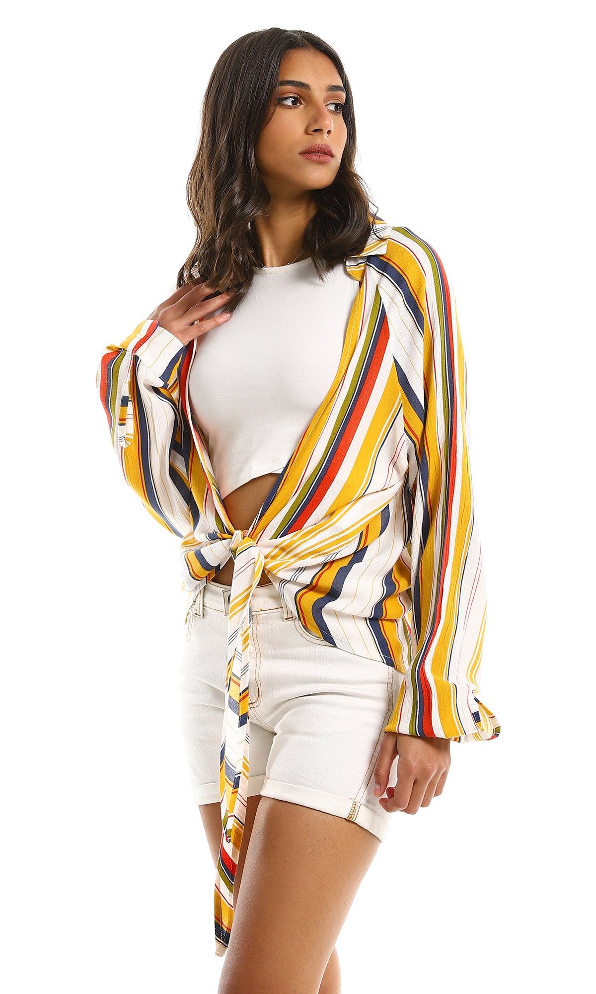 Mustard & Navy Blue Striped Front Tie Short Cardigan for Women - Casual Summer Cover-Up, Beach Outfit, Office Wear