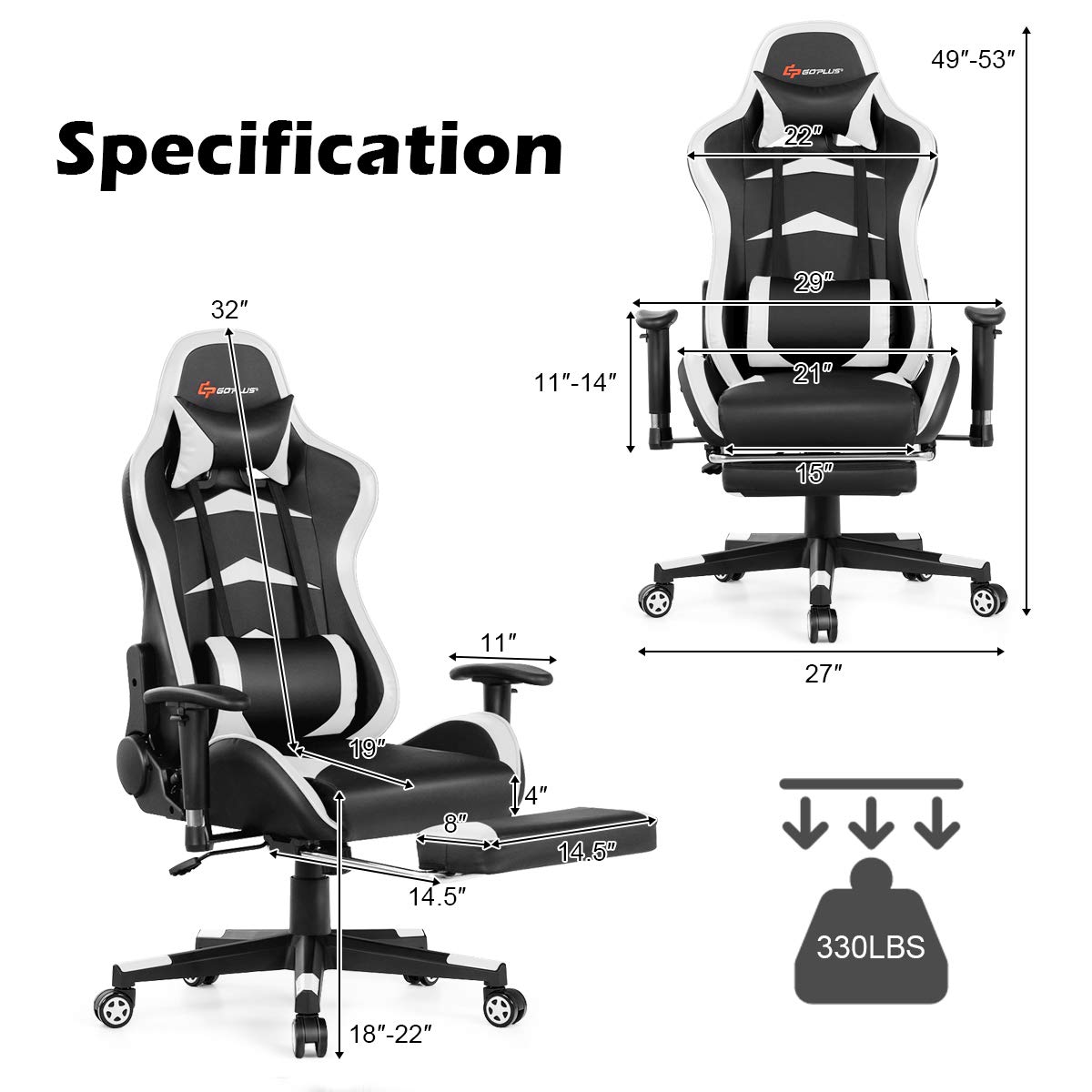 **POWERSTONE Ergonomic Gaming Chair with Adjustable Footrest & Lumbar Massage - Racing Style Computer Desk Chair for PC & Console Gamers - Reclining Office Chair with Headrest & Adjustable Armrests (Black & White) - Perfect for Long Gaming Sessions, Work from Home & Esports**