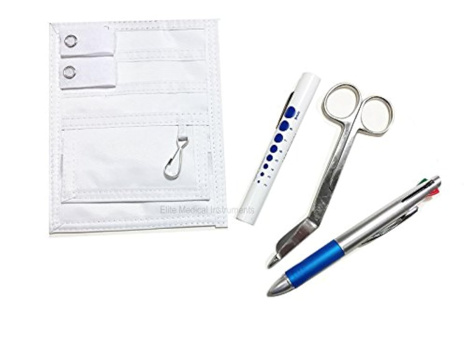 EMI Nurse White Pocket Organizer 4-Piece Set - Medical Organizer with Lister Scissors, LED Penlight & Chart Pen for Nurses, Doctors & Healthcare Professionals - Perfect for Clinical Use, Hospital Shifts & Emergency Care
