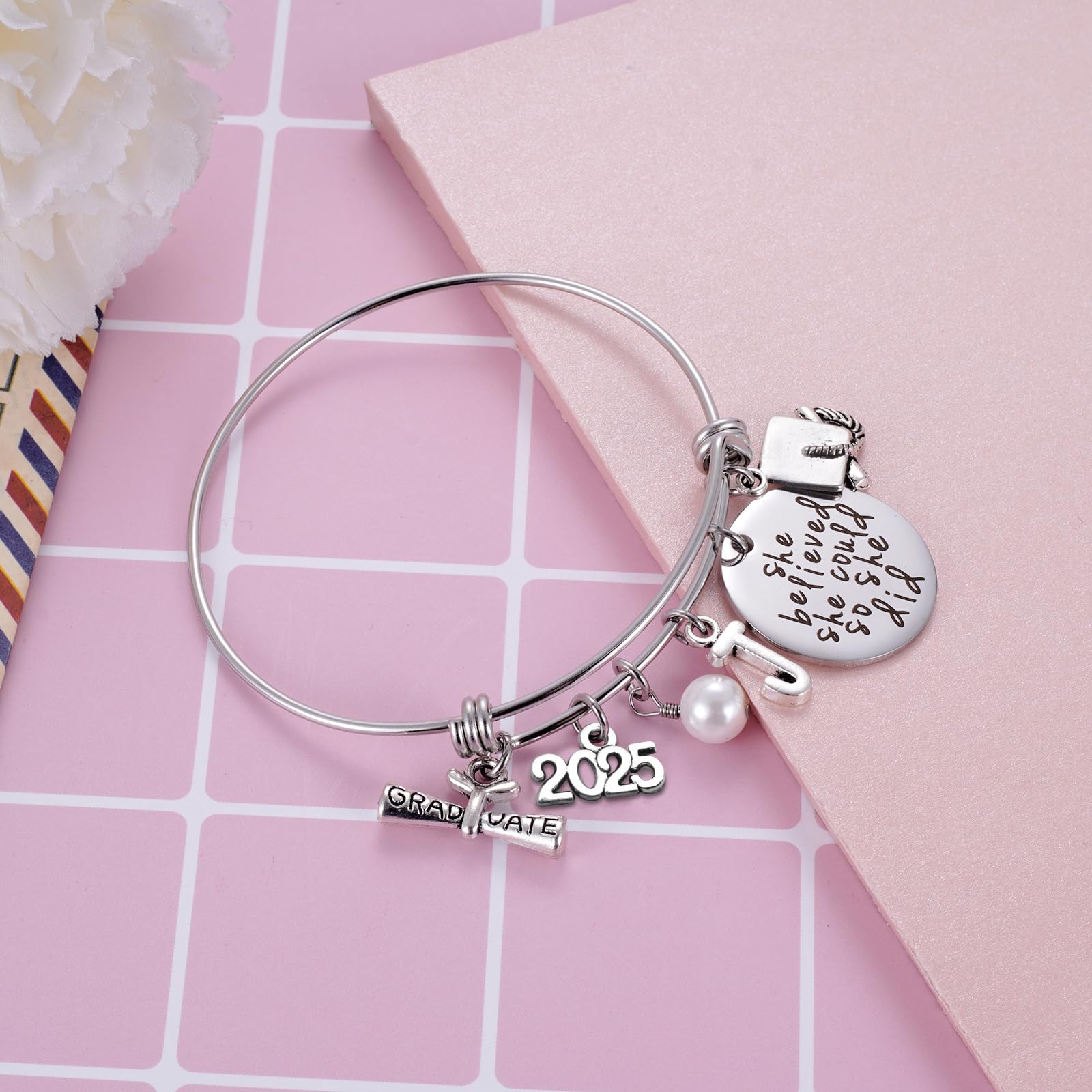 Ukodnus Class of 2025 Graduation Gift Bracelet - Personalized 26 Initial Charm Bracelet for High School & College Seniors - Inspirational Graduation Jewelry for Women - Perfect for Commencement Ceremonies & Senior Year Celebrations