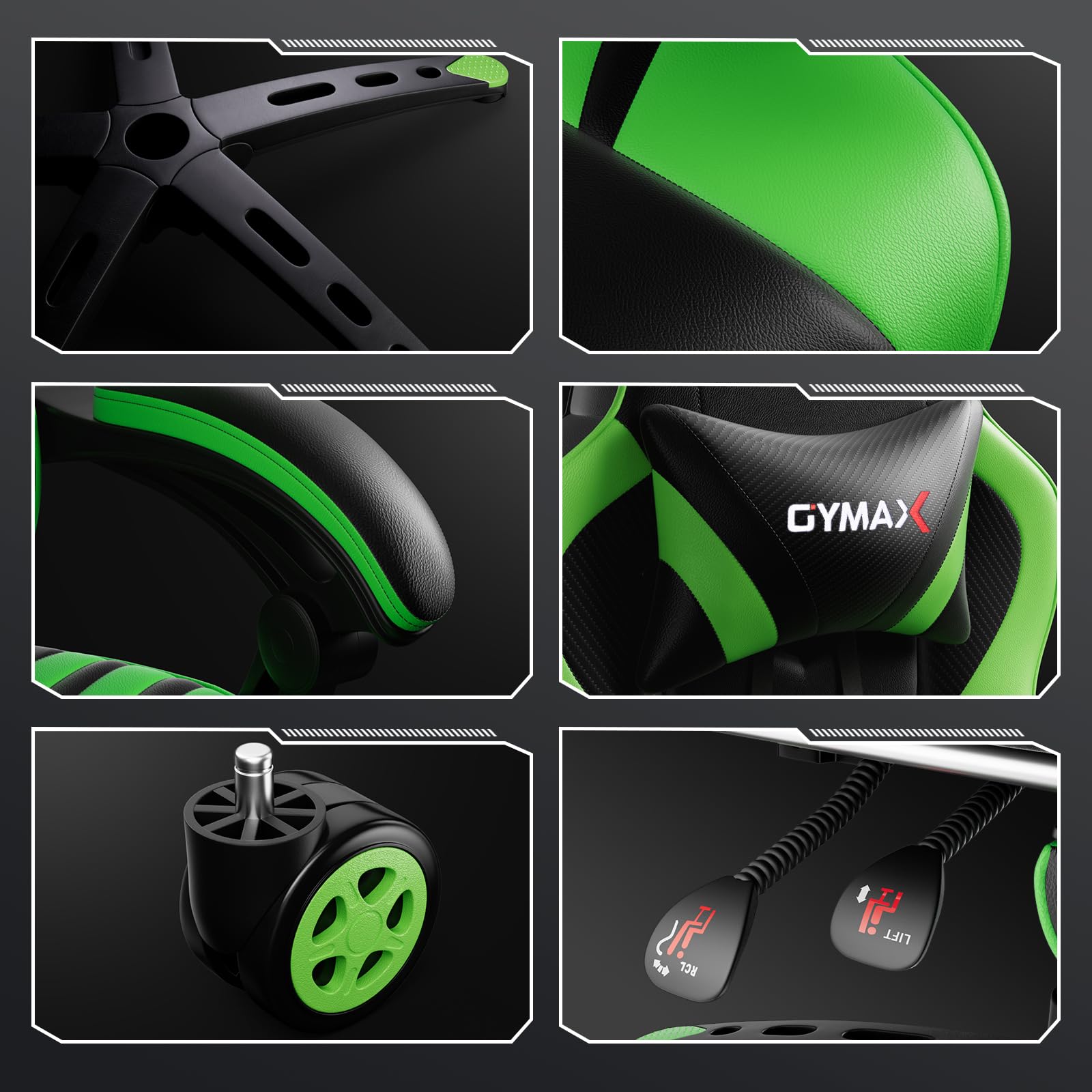 **POWERSTONE Gaming Chair - Ergonomic Racing Style PU Leather Computer Chair with Adjustable Lumbar Support & Footrest - Green - Perfect for Esports, Streaming & Office Work**