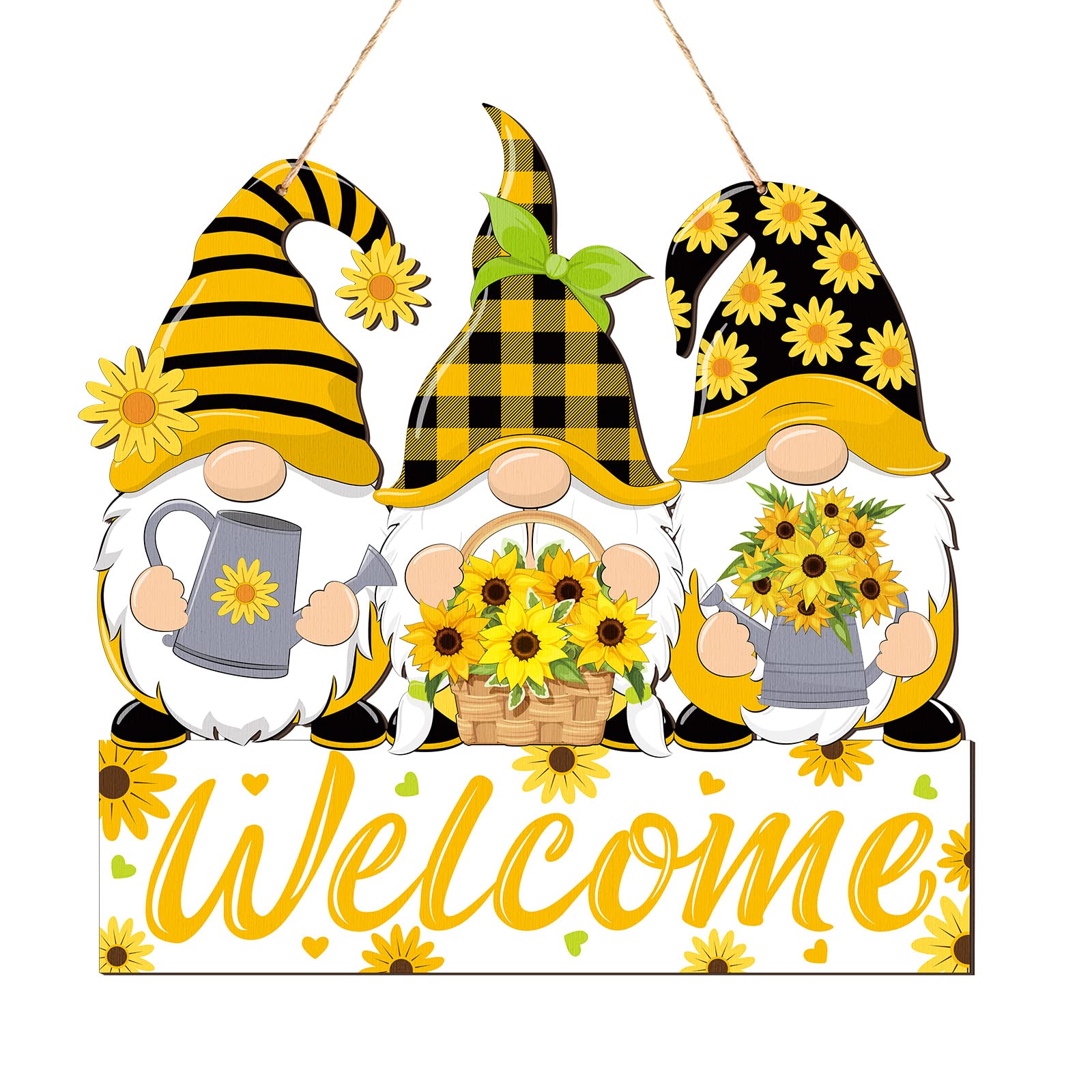 Panelee Sunflower Gnomes Welcome Sign - Summer Hanging Wooden Wreath with Ropes for Porch, Front Door, Wedding & Home Decor - Perfect for Garden, Kitchen & Outdoor Party Decorations