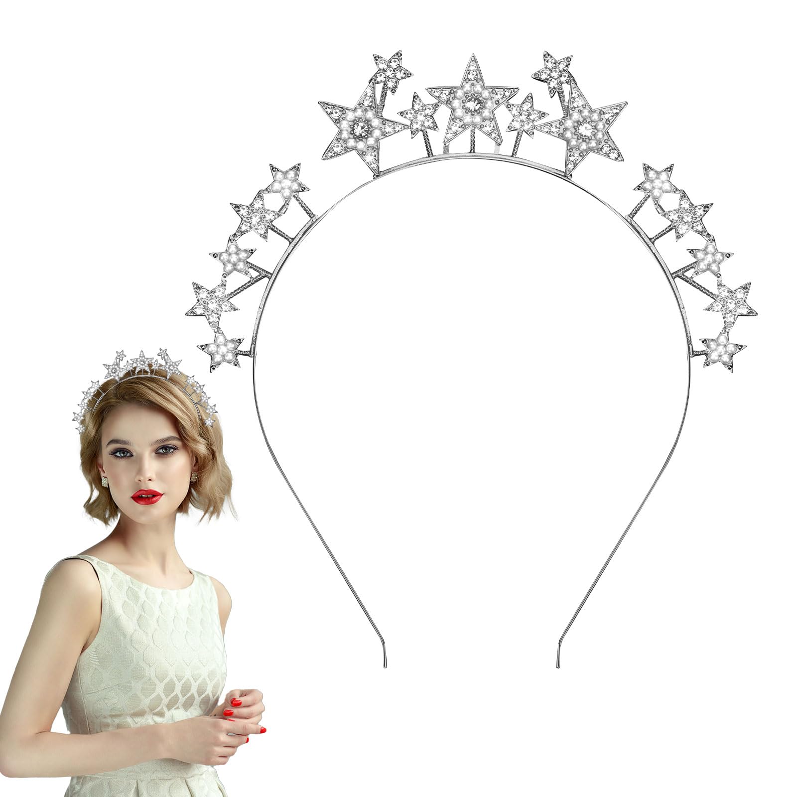Sparkling Rhinestone Star Tiara Headband - Silver Glittering Halo Crown for Women & Girls | Wedding, Bridal, Party Hair Accessories | Perfect for Goddess Costumes, Prom, Pageants & Special Occasions