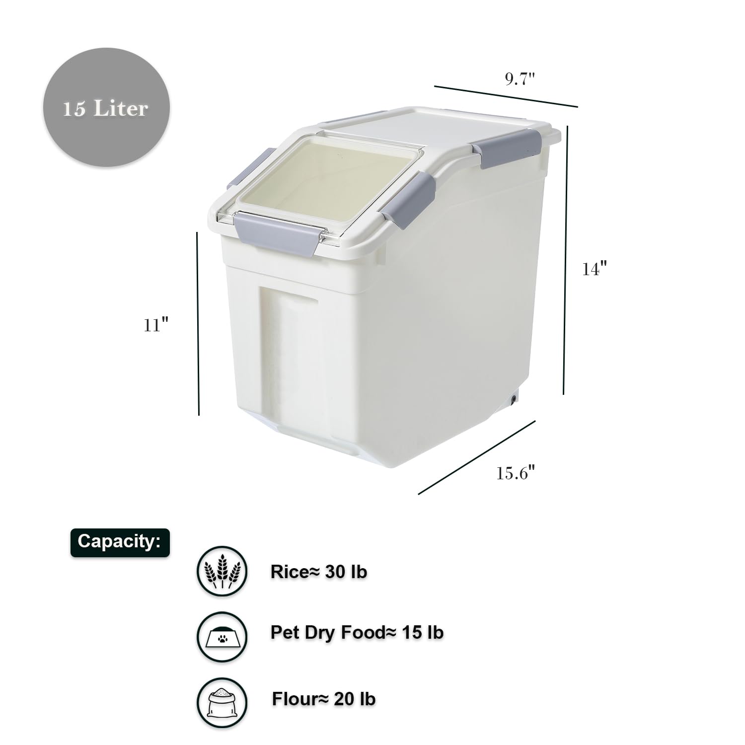 15L/15lbs BPA-Free Pet Food Storage Container with Measuring Cup - Airtight for Dog & Cat Food, Rice, Grain, Flour - White & Gray (1 Count) | Perfect for Kitchen Pantry Organization & Pet Food Storage