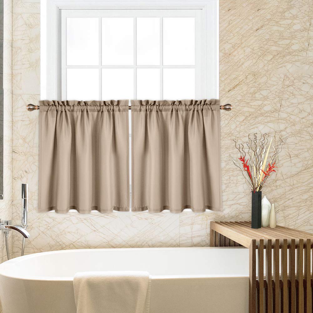 CAROMIO 24 Inch Waffle Woven Tier Curtains - Textured Short Window Curtains for Kitchen, Bathroom & Cafe - Plaza Taupe Color - Perfect for Privacy & Decoration in Homes, Restaurants and Offices