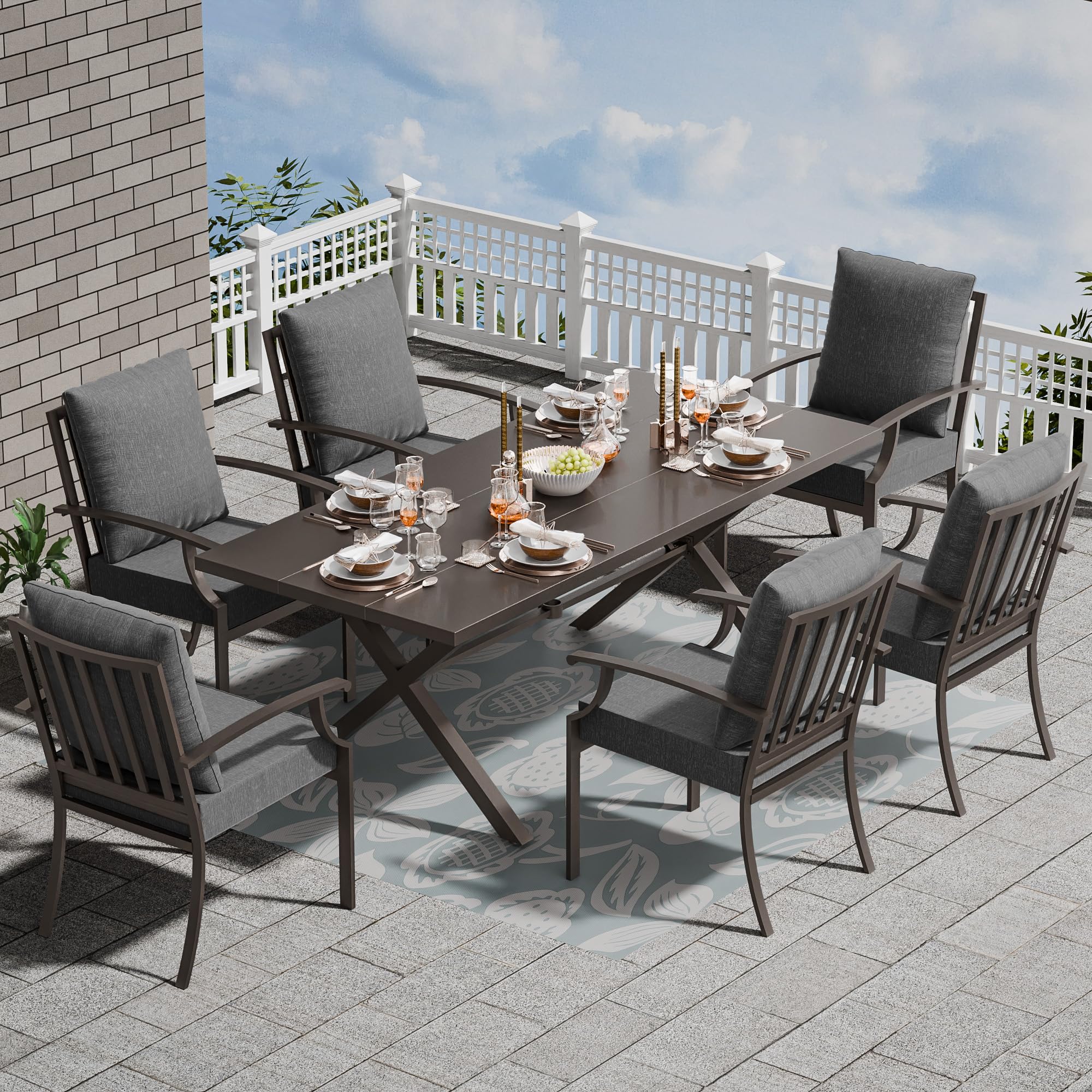 7-Piece Outdoor Dining Set for 6 - Rectangular Patio Table with Umbrella Hole & Weather-Resistant Chairs - Perfect for Backyard BBQs, Garden Parties & Poolside Dining