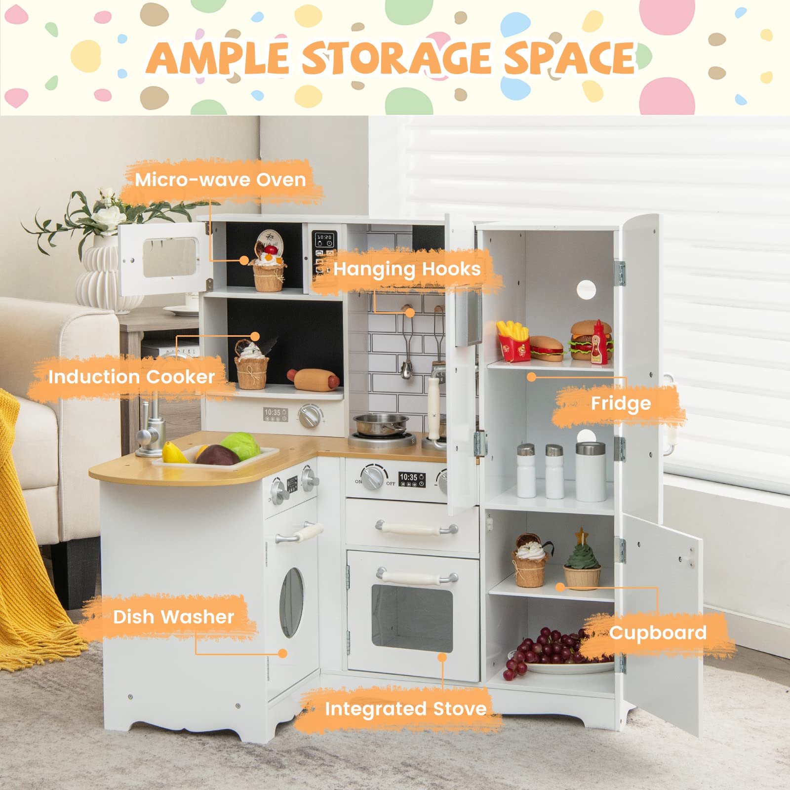 HONEY JOY Wooden Play Kitchen Set for Toddlers - Pretend Play Toy with Microwave, Refrigerator, Water Dispenser & Cookware - Little Chef Role Play Kitchen for Boys & Girls - Perfect for Home, Preschool & Daycare Pretend Cooking Activities
