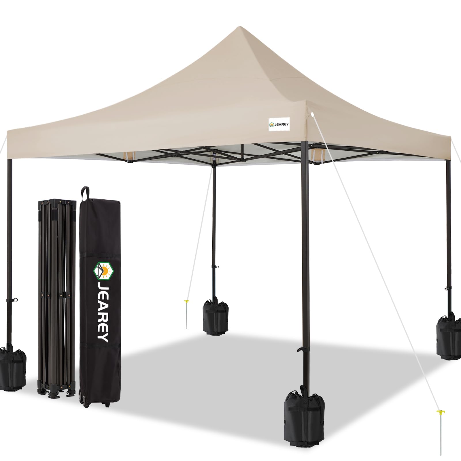 JEAREY Upgraded 10x10 Pop Up Canopy Tent - Heavy Duty Outdoor Canopy with Roller Bag & 4 Sand Bags, Beige - Perfect for Beach, Camping, Picnics, and Outdoor Events