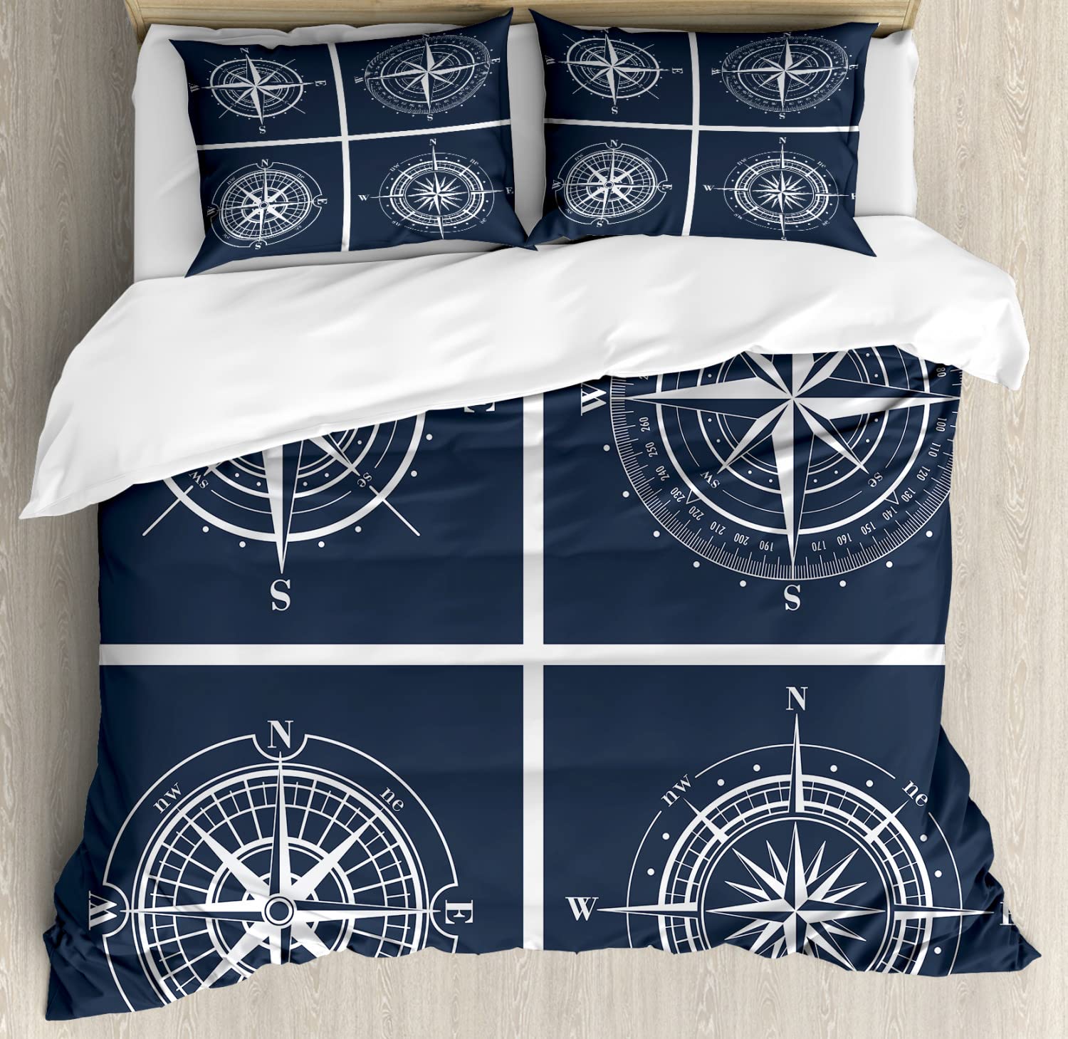 Ambesonne Compass Duvet Cover Set - 2 Pack California King Size, Navy Blue with White Compass Design, Sailing Themed Bedding Set Includes 2 Duvet Covers & 4 Pillowcases - Perfect for Nautical Decor, Coastal Bedroom, and Adventure Themed Home Styling