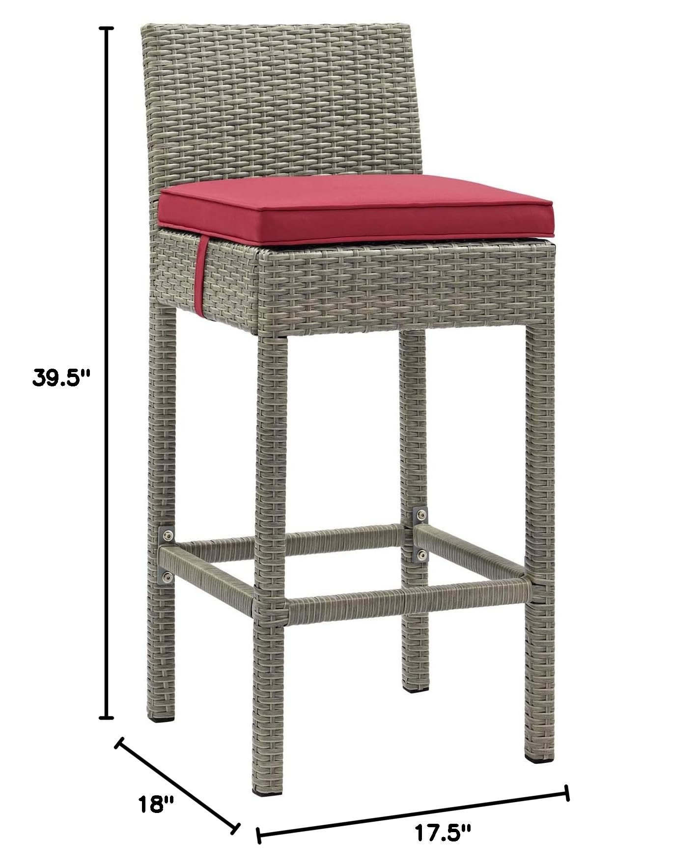 Modway EEI-3602-LGR-RED Outdoor Patio Bar Stools Set of 4 - Light Gray & Red Wicker Rattan Bar Height Stools for Backyard, Poolside & Restaurant Seating