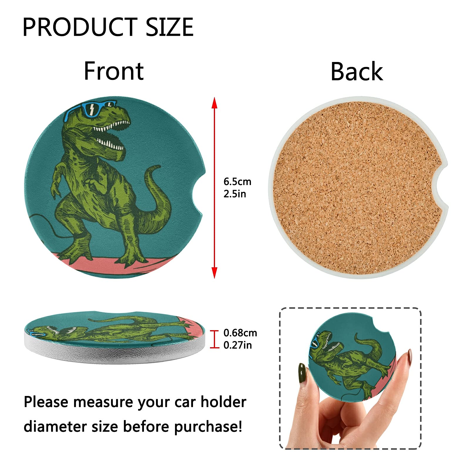 Funny Dinosaur Car Coasters 2 Pack - Absorbent Ceramic Cup Holder Coasters for Drinks - Cute Car Accessories for Men & Women (2.56in) - Perfect for Road Trips, Office Desks & Home Use