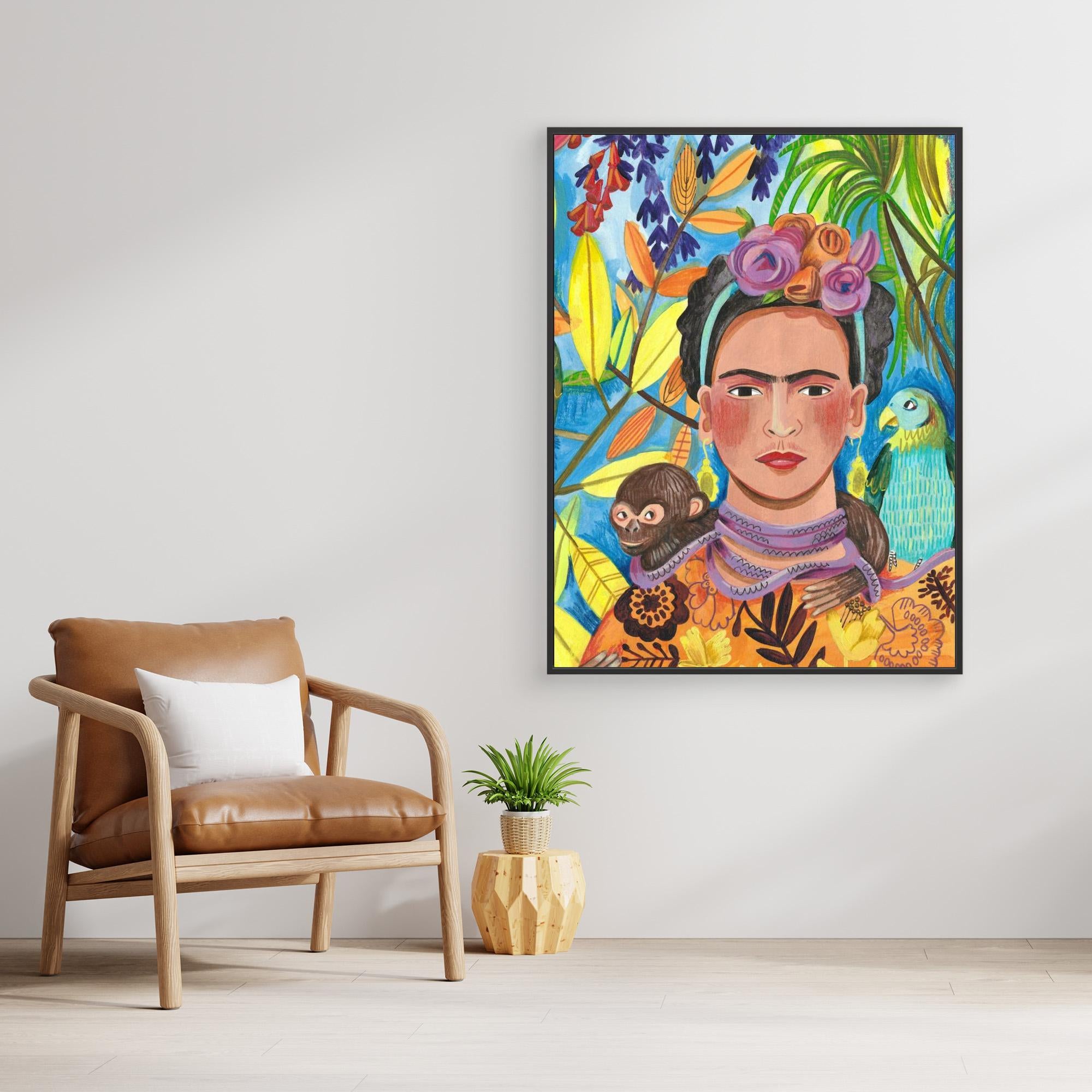Frida and Her Parrots Canvas Print by Caroline Bonne Müller - Vibrant Wall Art for Living Room, Bedroom & Office Decor