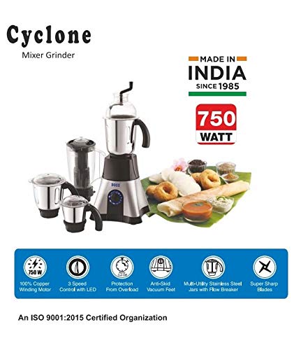 BOSS Cyclone 4-Jar Mixer Grinder - 750W Powerful Motor with 3 Speed Settings & Incher - 110V Silver Blender for Indian Cooking, Spice Grinding & Smoothie Making - Perfect for Kitchens & Home Use