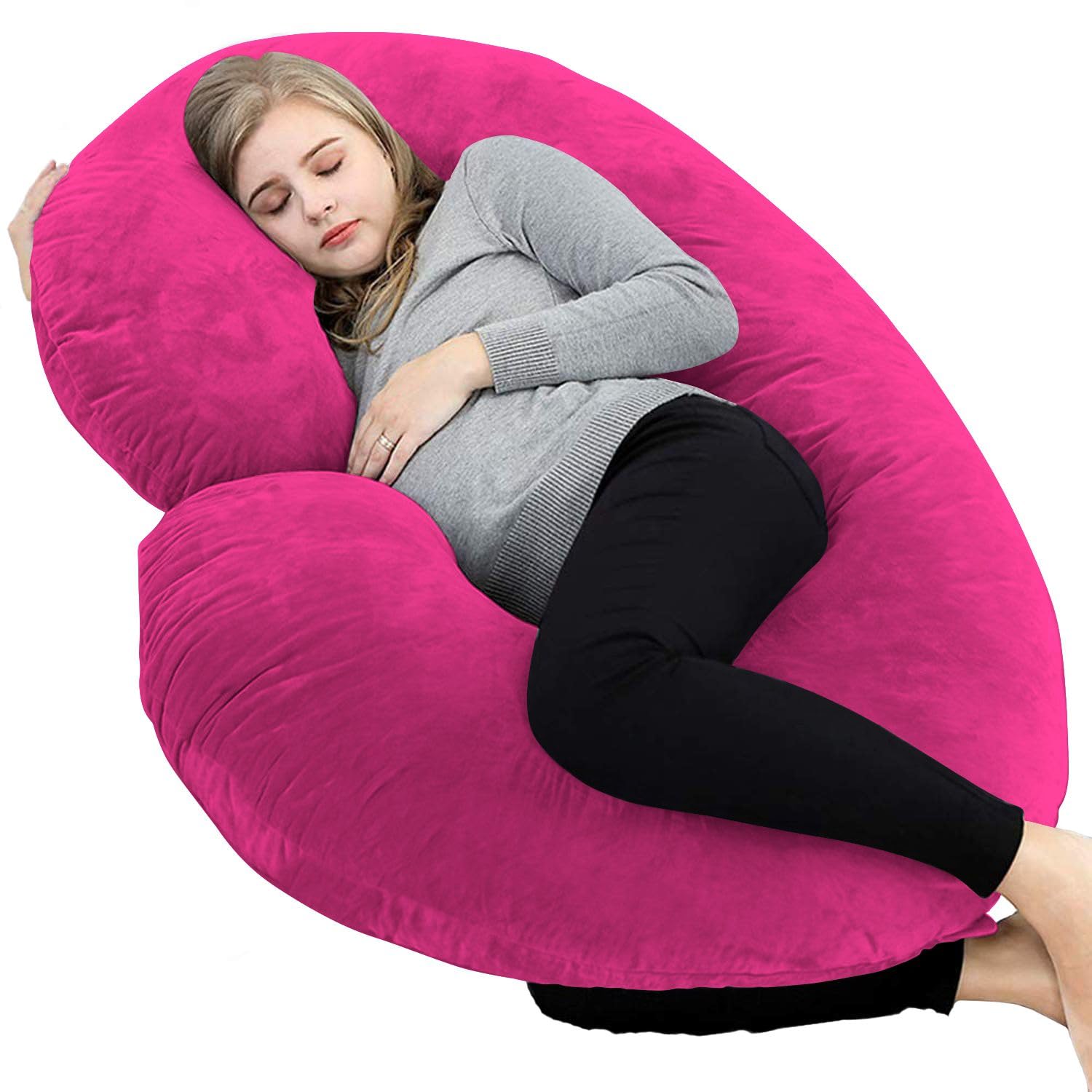 TONY'S TEXTILES 55-inch C-Shape Pregnancy Body Pillow with Egyptian Cotton Cover in Hot Pink - Maternity Support Pillow for Side Sleepers, Back Pain Relief & Comfortable Sleeping - Perfect for Pregnancy, Nursing, and Relaxation at Home