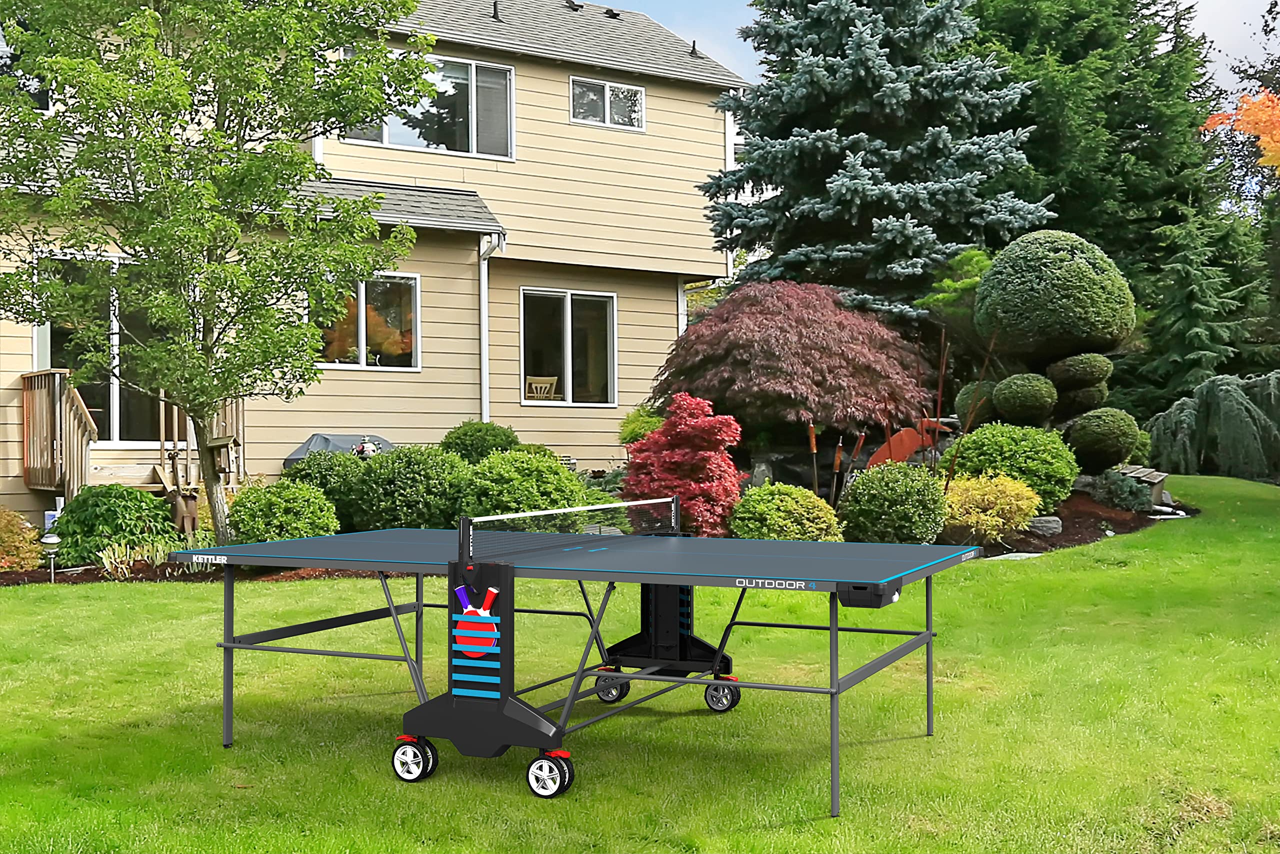KETTLER Outdoor 4-Player Table Tennis Table with Paddles & Balls - Professional Grade Ping Pong Table for Backyard, Patio & Game Room Fun