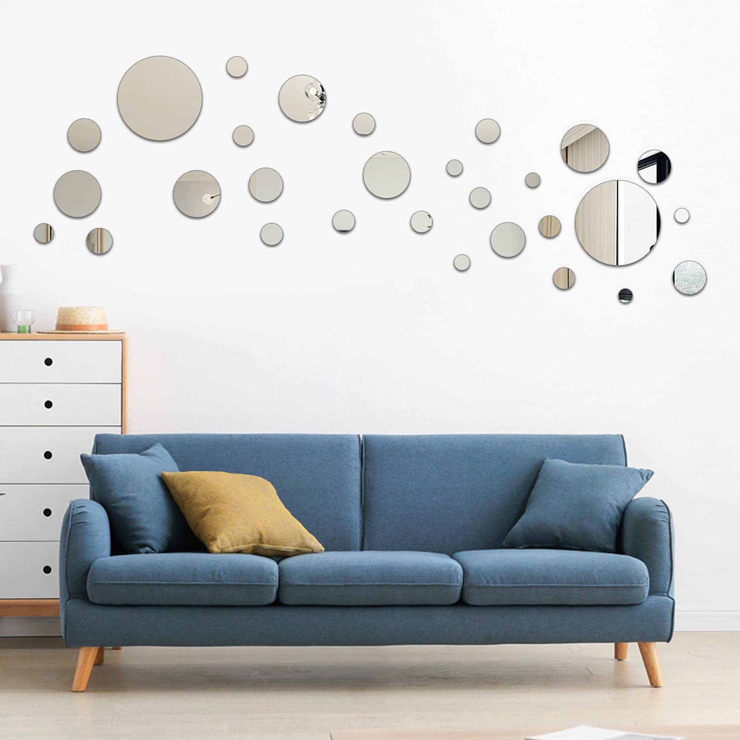 KIMOBER 34PCS Round Silver Acrylic Mirror Wall Stickers - Removable DIY Self-Adhesive Mirror Decals for Home Decor, Bedroom, Bathroom & Living Room Wall Art