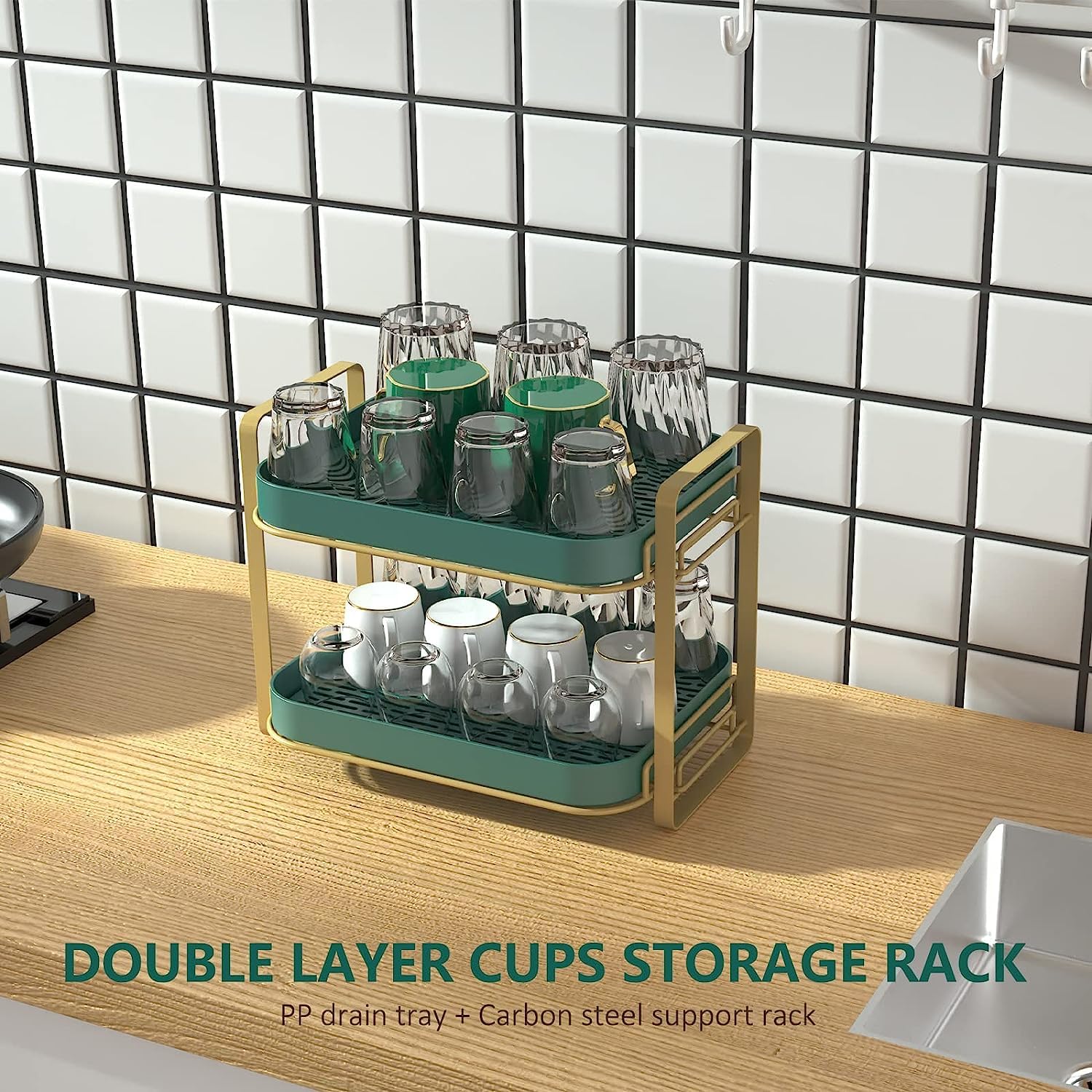 2-Tier Cup Storage Rack - Double Layer Tea & Coffee Mug Organizer with Drain Tray - Space Saving Kitchen Countertop Organizer for Glassware, Cups and Mugs - Perfect for Home, Office or Restaurant Use