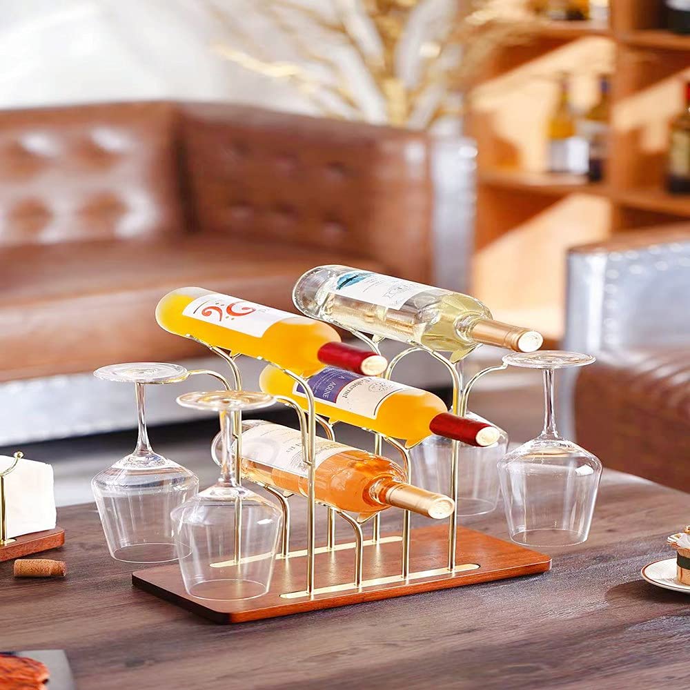 Wooden Countertop Bottle Rack - Holds 6 Wine Bottles - Gold Metal & Wood Tabletop Holder for Kitchen, Bar, Cellar Storage - Perfect for Home Decor, Cabinet & Pantry Organization - Ideal for Wine Lovers & Entertaining Guests