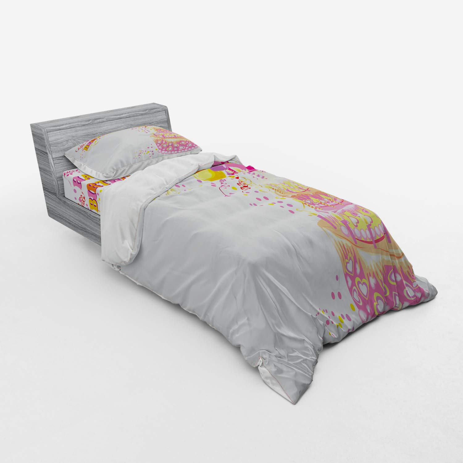 Ambesonne Birthday Party Duvet Cover Set - Celebration Girl Theme with Cake, Candles, Balloons & Hearts Print - 3 Piece Twin Size Bedding Set (Duvet Cover, Sham & Fitted Sheet) in Orange & Pink - Perfect for Kids' Birthday Parties, Sleepovers & Themed Bedroom Decor