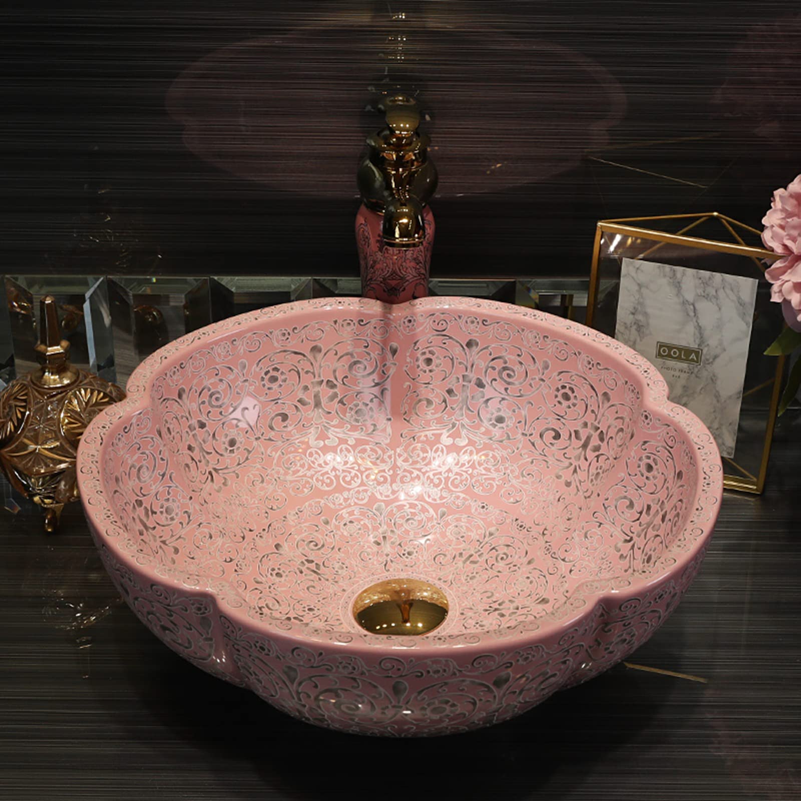 Southeast Asian Style Pink Ceramic Vessel Sink - Modern Art Bathroom Countertop Vanity Sink for Powder Room, Guest Bath & Master Bathroom Decor