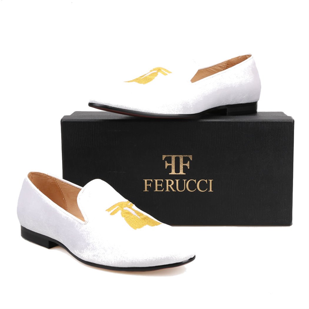 FERUCCI Men's White Velvet Loafers with Gold Embroidered Tassel - Comfortable House Slippers for Indoor & Lounge Wear