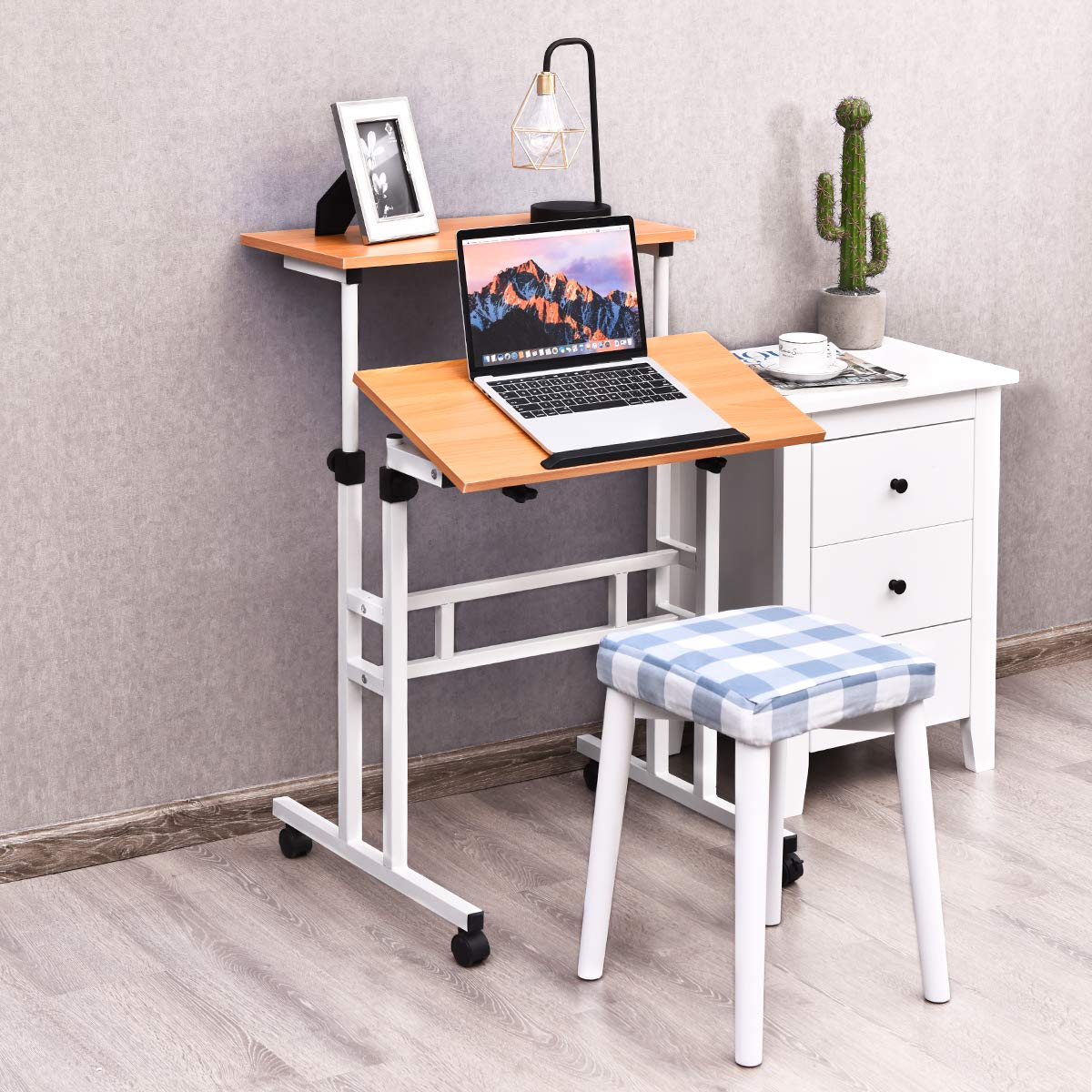 Tangkula Mobile Standing Desk - Height Adjustable Laptop Cart with Tilting Tabletop, Rolling Computer Desk with Lockable Wheels & 2 Hooks for Home Office | Perfect for Remote Work, Online Classes & Small Workspaces