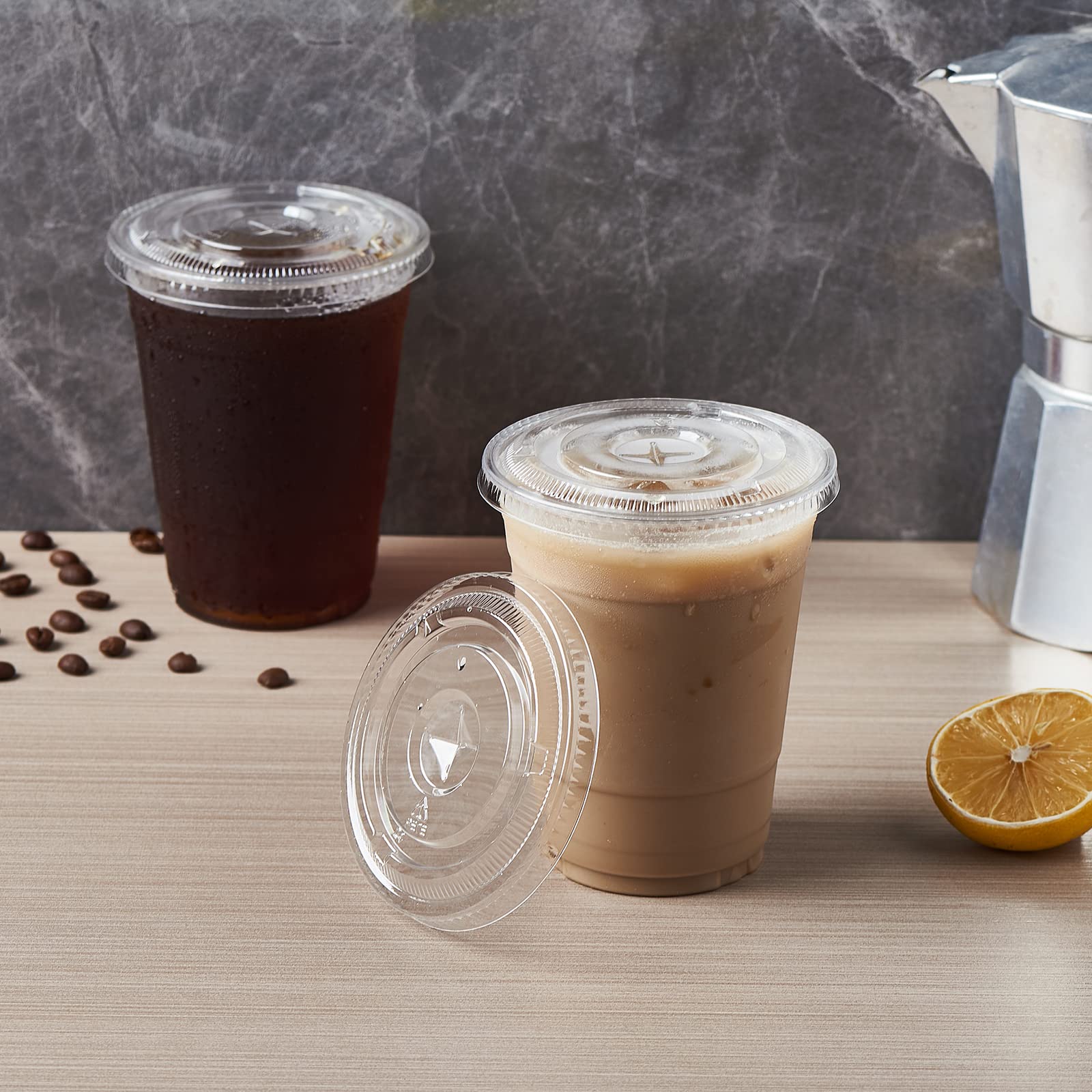 FULING 100-Pack 16 oz Clear Plastic Cups with Slot Lids - BPA Free PET Crystal Disposable Drinking Cups for Parties, Picnics, and Events - 16oz Plastic Cups with Lids for Smoothies, Iced Coffee & Beverages