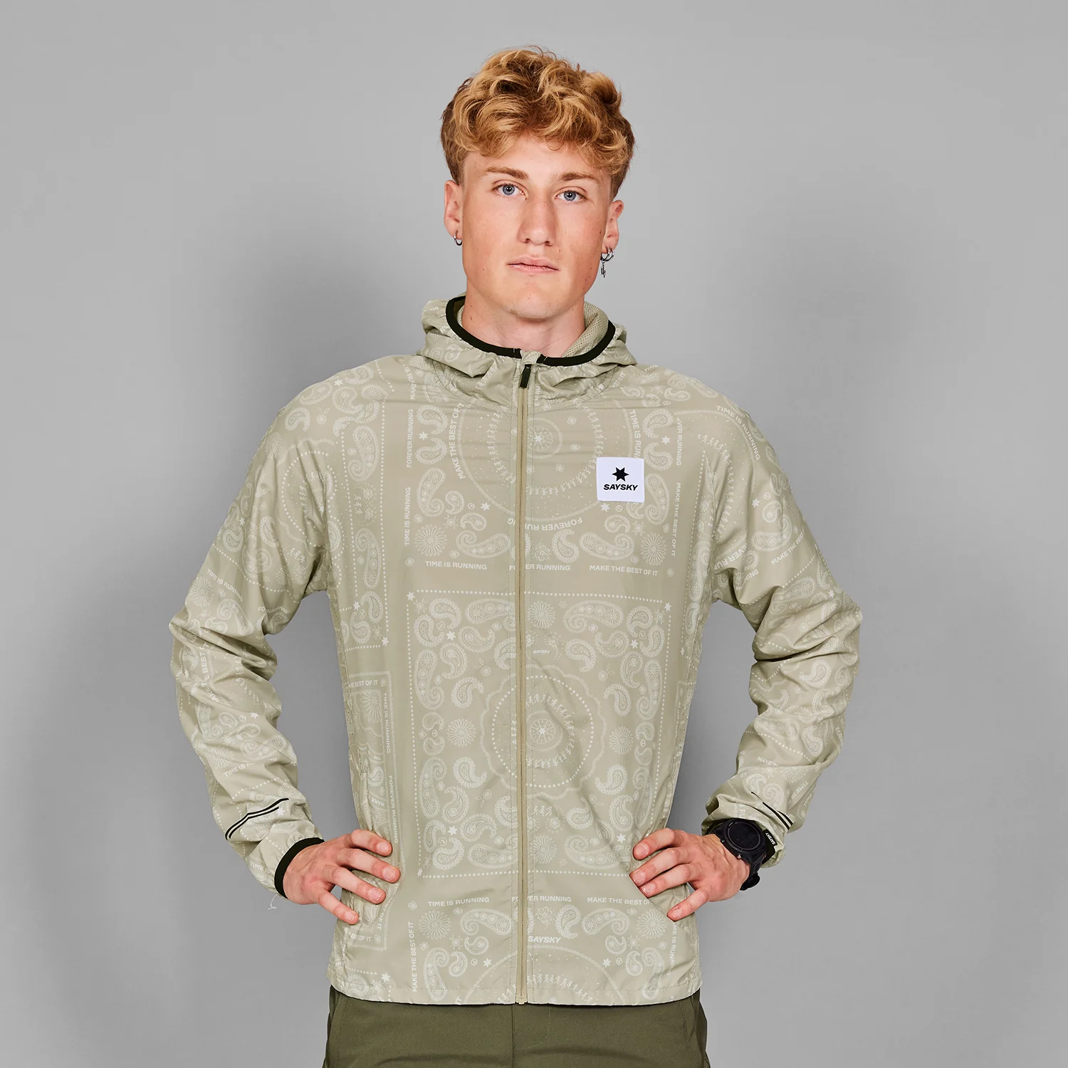 SAYSKY Men's Paisley Print Running Jacket - Lightweight Windbreaker for Outdoor Jogging & Athletic Training